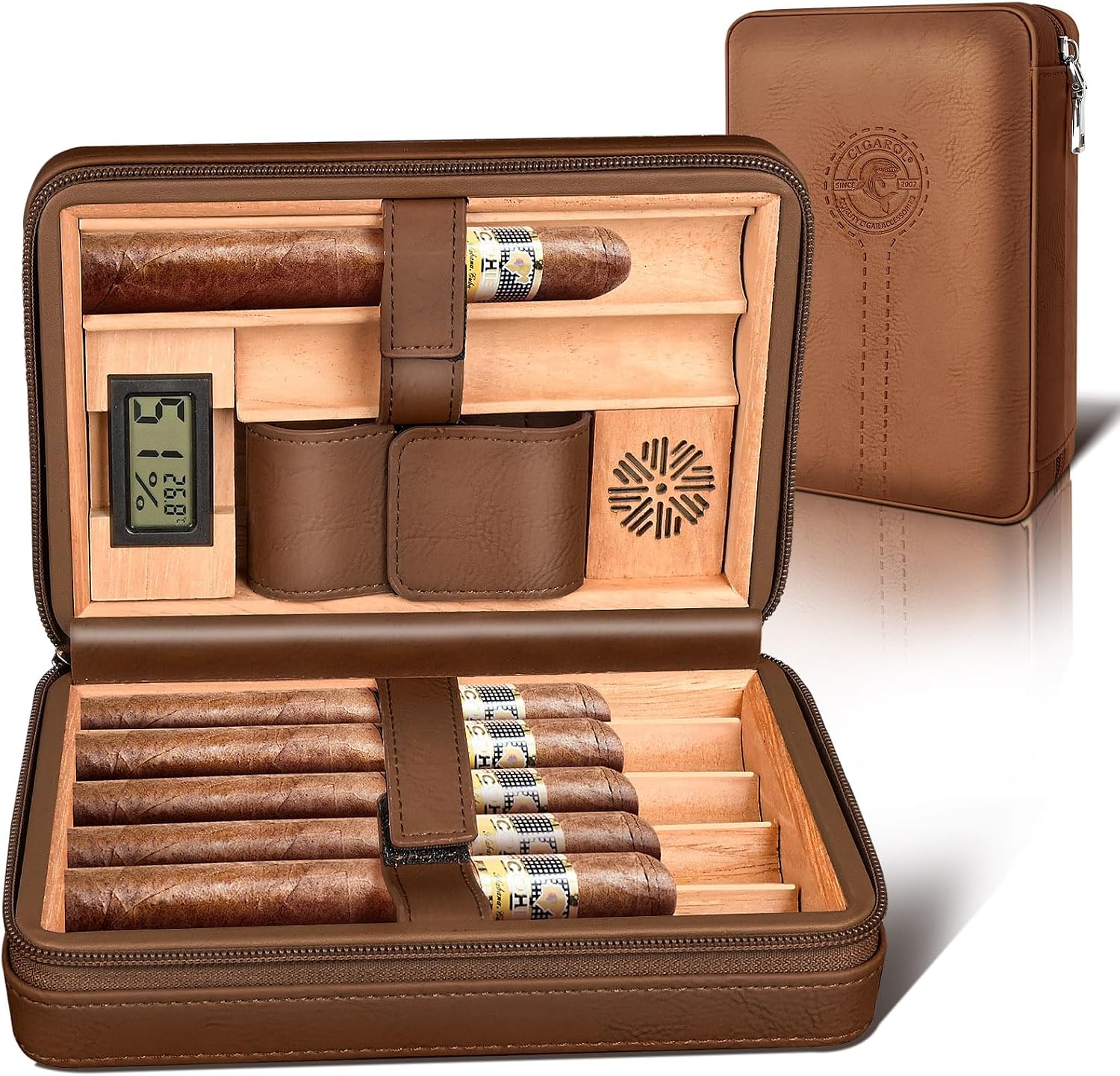 Cigar Humidor Case, Leather Travel Humidor Case, Portable Cedar Wood Lined Cigar Box with Digital Hygrometer & Humidifier Accessories, Holds 6 Cigars, Gifts for Men (Brown)