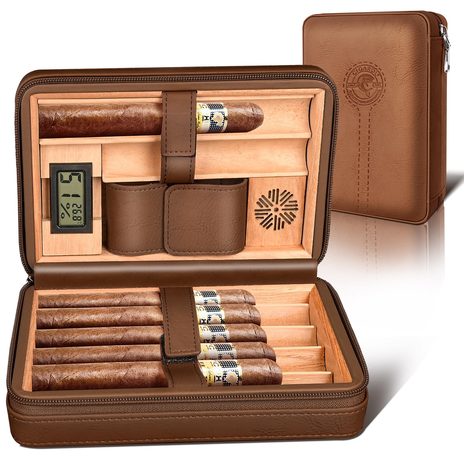 Cigarol Travel Cigar Humidor, Leather Cedar Wood Lined Cigar Case with Hygrometer & Humidifier, Portable Humidor Cigar Box for 6 Cigars, Gift Box - Ideal for Cigar Lovers, Husband, Father (Brown)