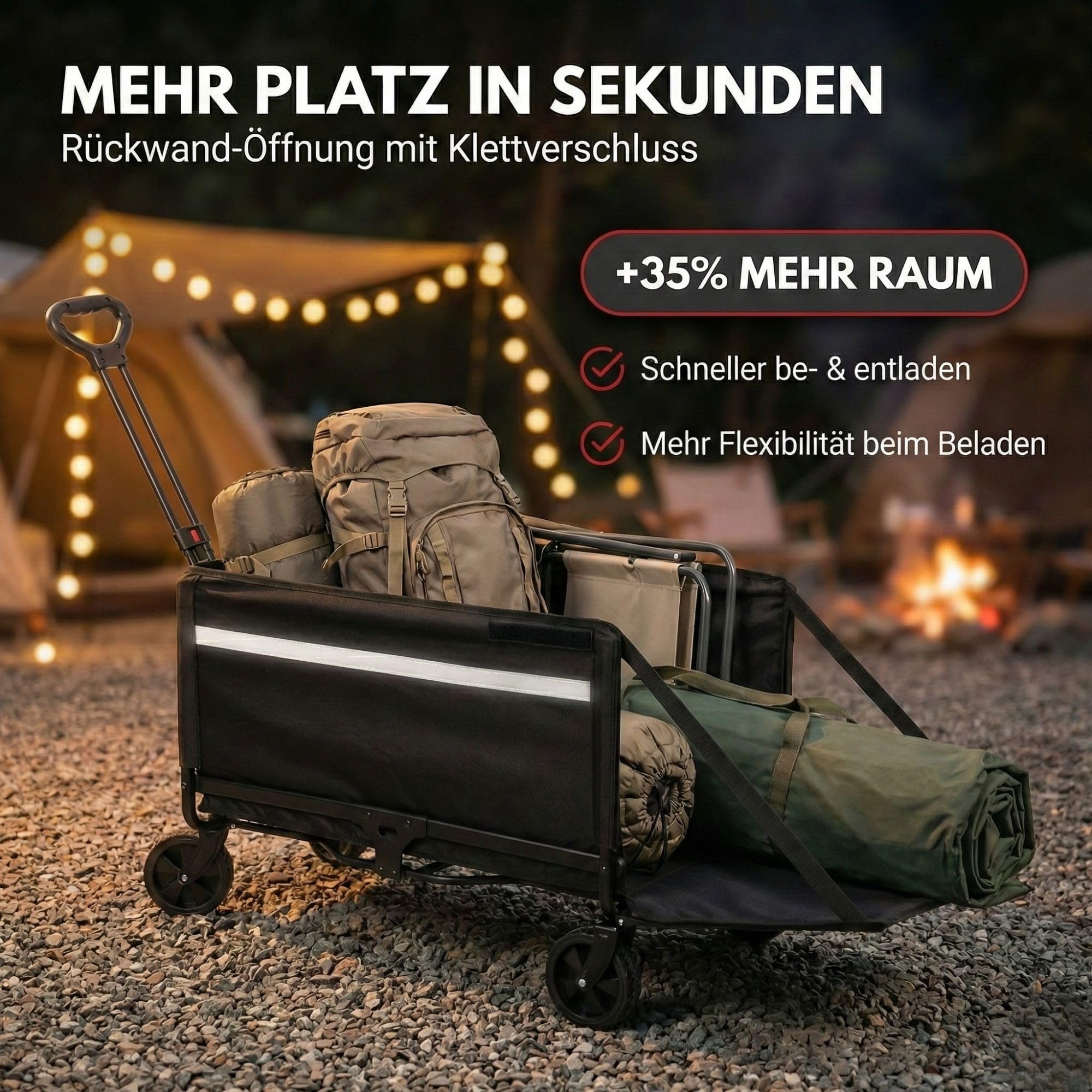 ALBATROS Bollerwagen klappbar 120L – Faltbarer Transportwagen mit Flaschenöffner, Getränkehalter & Rückwand-Öffnung – Outdoor Handwagen mit Reflektorstreifen für Camping, Festival & Ausflug
