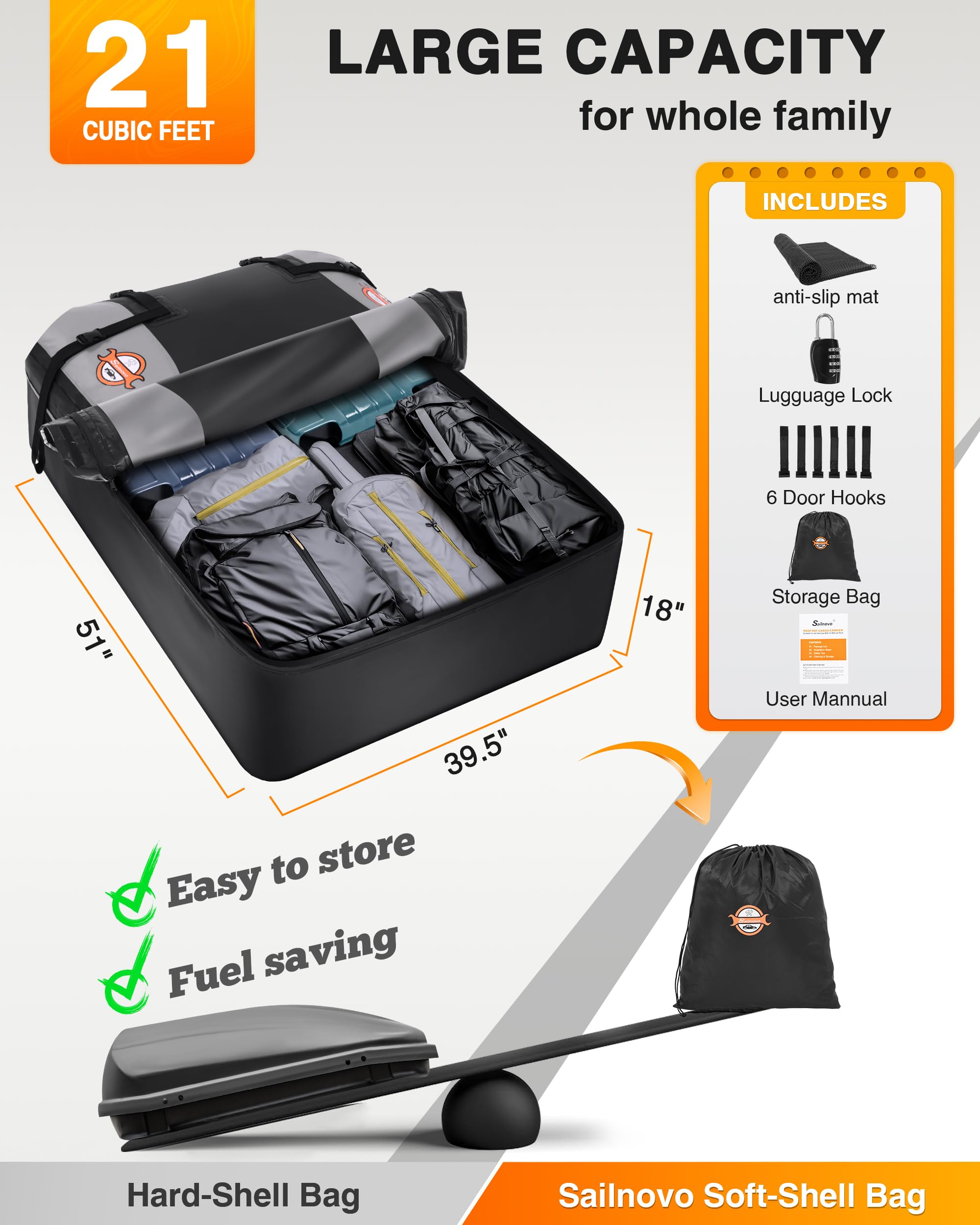 Sailnovo Rooftop Cargo Carrier - 21 Cubic PVC Waterproof Roof Rack Cargo Carrier for Top of Vehicle with/Without Rack, Soft-Shell Car Top Carrier Includes Anti-Slip Mat, Luggage Lock, 6 Door Hooks