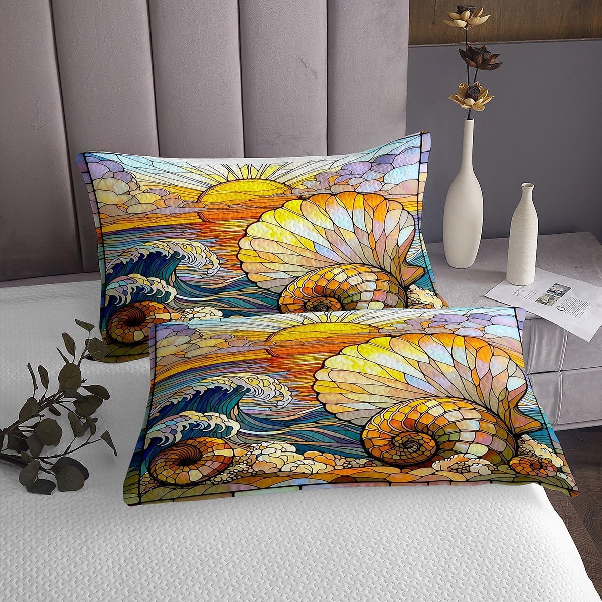 Coastal Conch Kids Bedspread Queen Size,Ocean Waves Sunrise Shell Marine Coverlet Set,Girls Boys Room Decor,Geometric Stained Glass Artwork Quilted Coverlet,Blue Orange Bedding Quilt,2 Pillowcases