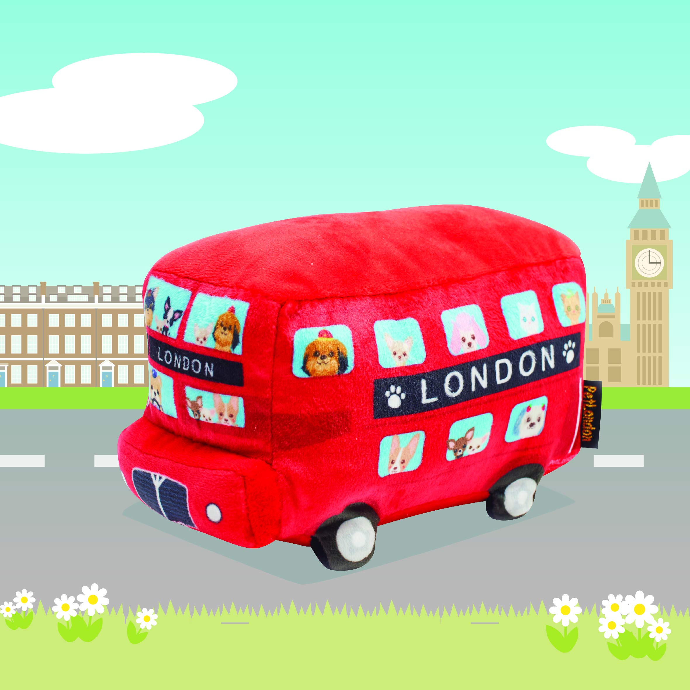 PetLondon - Giocattolo per cani in morbido peluche a forma di autobus londinese, 22,9 cm, design 3D con bulldog, barboncino, chihuahua, pomerania, bassotto nella finestra
