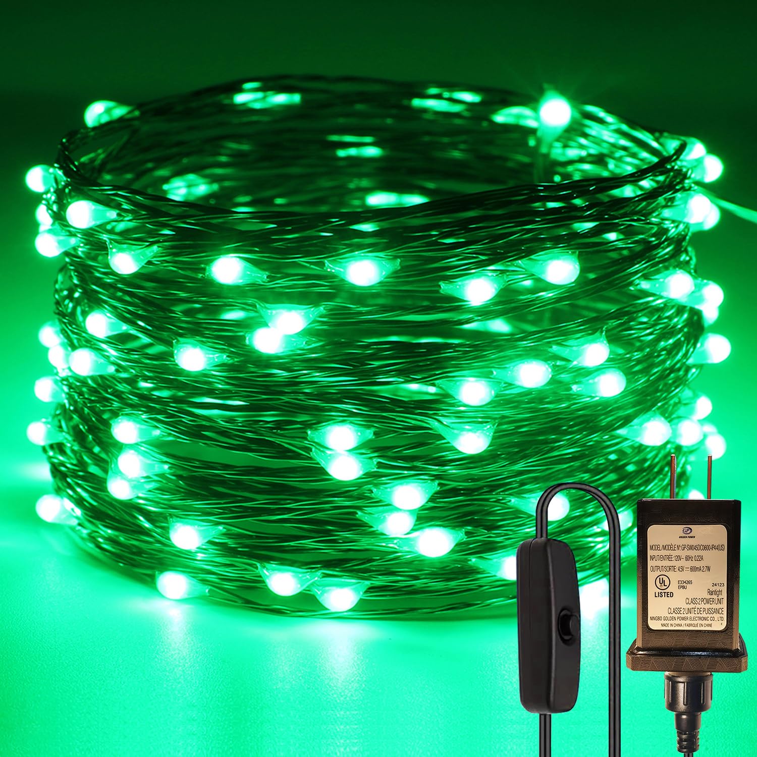 RUICHEN Plug in Fairy String Lights with Switch, Waterproof 33 Ft 100 LED Copper Wire Firefly Lights for Bedroom, Patio, Garden, Balcony, Dorm, Green