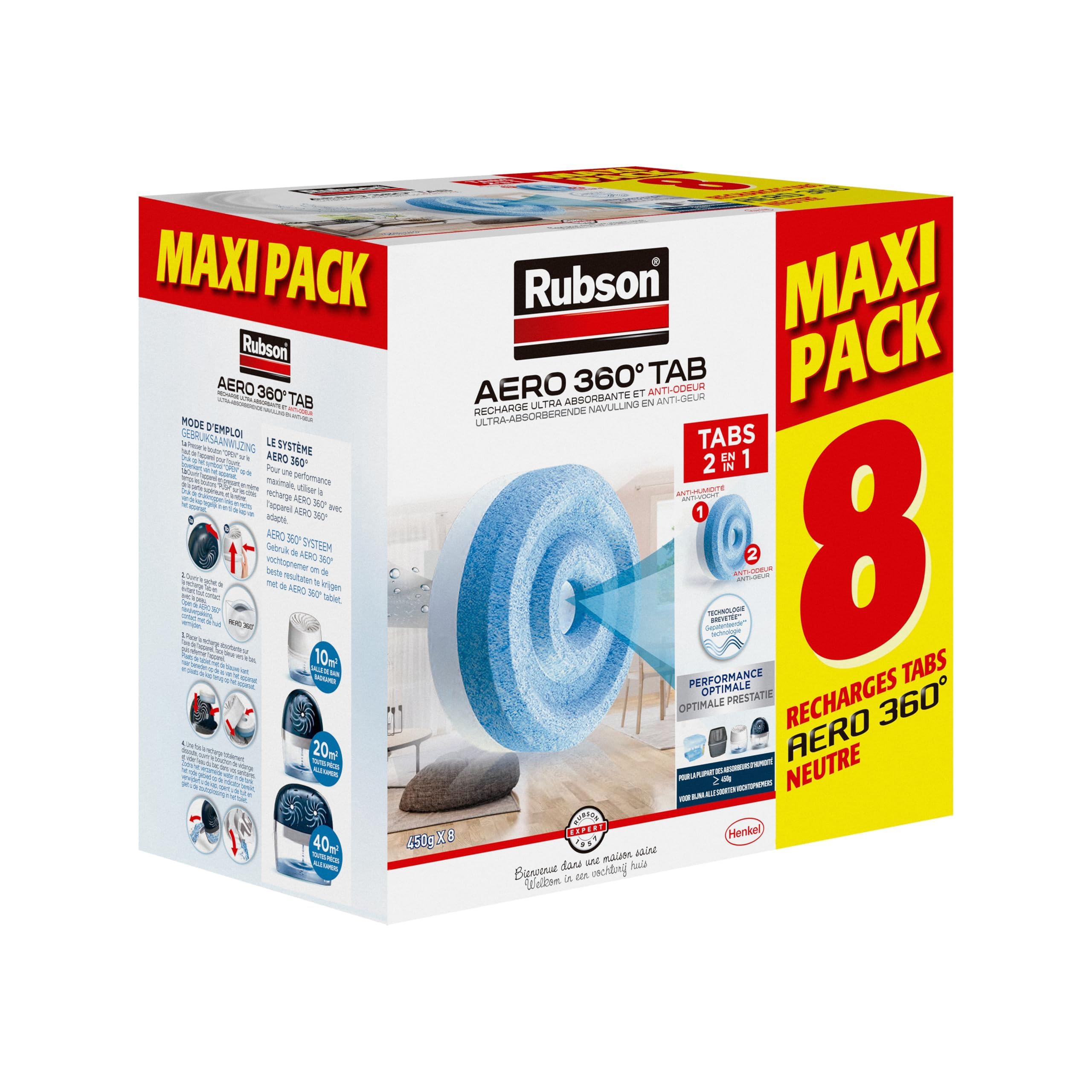 Rubson AERO 360° TAB, recharges en tabs neutres pour absorbeur d'humidité, ultra absorbantes et anti odeurs recharges pour déshumidificateurs AERO 360°, 8 x 450 g