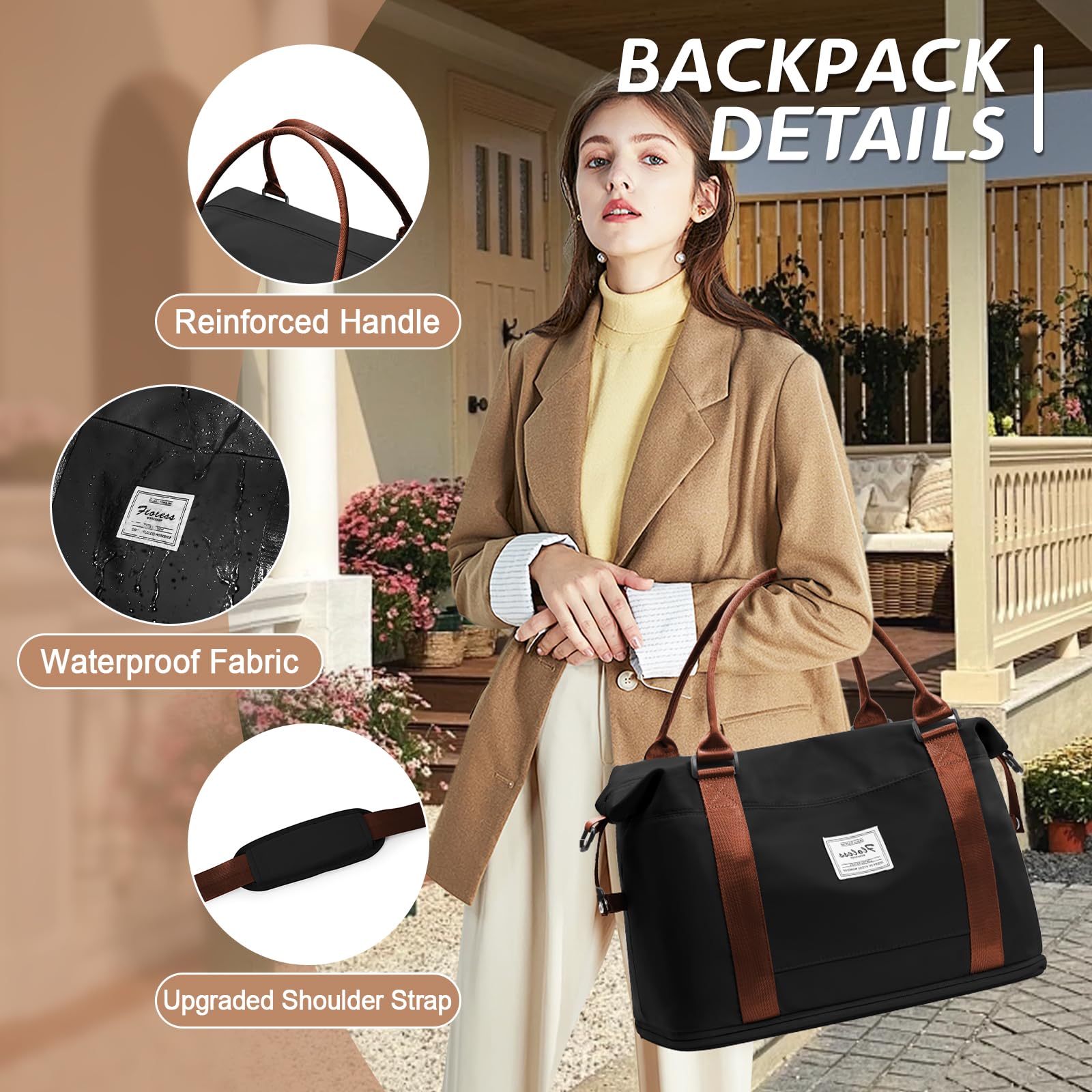 WEPLAN Borsone da Viaggio Donna 40x20x25 Ryanair Borsa da Viaggio Aereo Bagaglio a Mano Borsa Sportiva Donna Weekend Borsone Palestra Ospedale Piscina con Scomparto per le Scarpe,Nero con Marrone