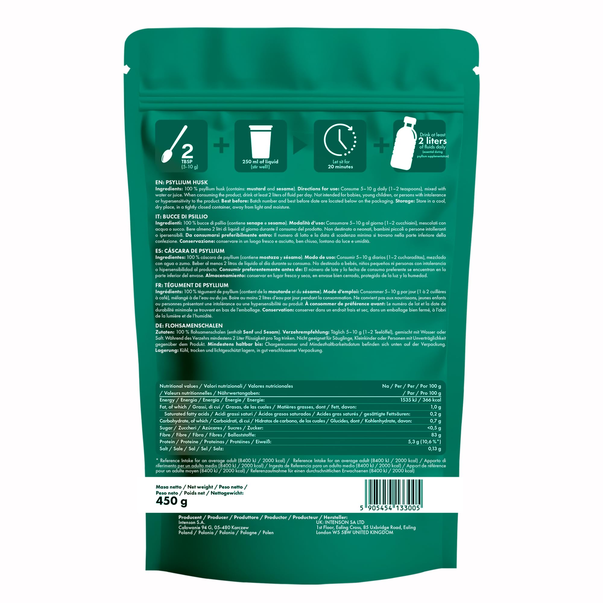 Intenson Bucce di Psillio, 450 g, Ricche di Fibre, 100% Naturali, Vegane e Compatibili con la Dieta Keto, Senza Glutine, Senza Additivi, Senza OGM