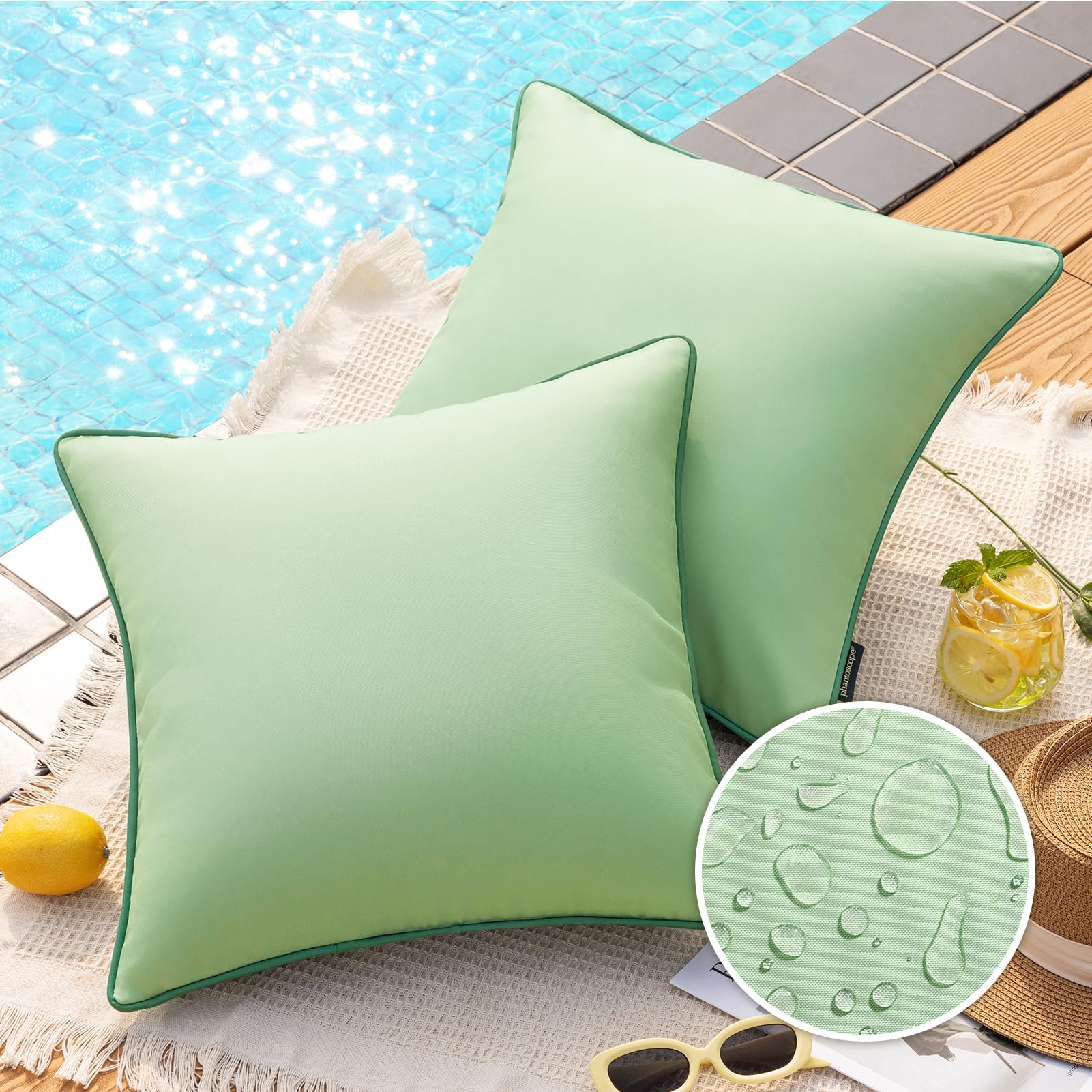 Phantoscope Pack of 2 Outdoor Waterproof Throw Pillow Covers with Contrast Piping, Decorative Square Cushion Case Patio Pillows for Couch Tent Sunbrella, Sage Green 20x20 inches — image 1