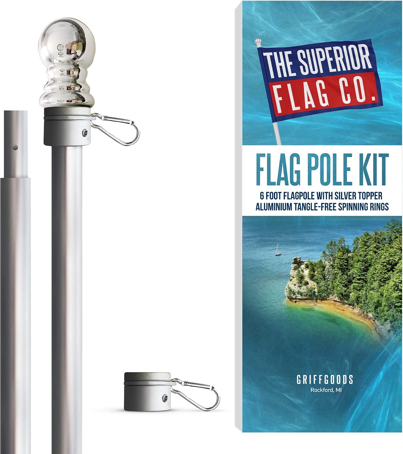 THE SUPERIOR FLAG CO. Heavy-Duty Six Foot Aluminum Flag Pole with Silver Ball Topper and Aluminum Tangle-Free Spinning Rings: Wind Resistant and Rust-Free 1in Diameter Flagpole for House, Porch