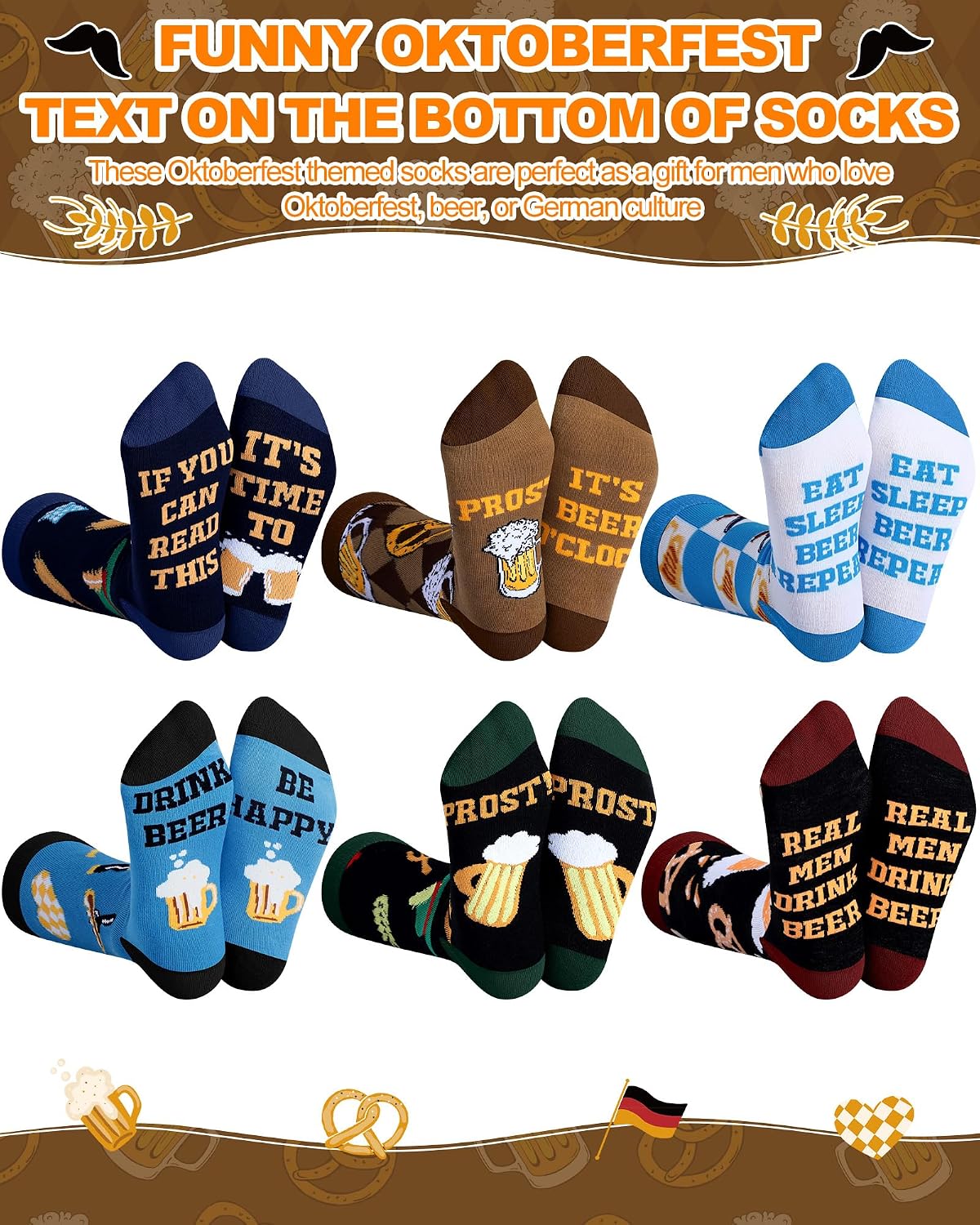 Eurzom 6 Pairs Lederhosen Socks for Men Funny Oktoberfest Gifts