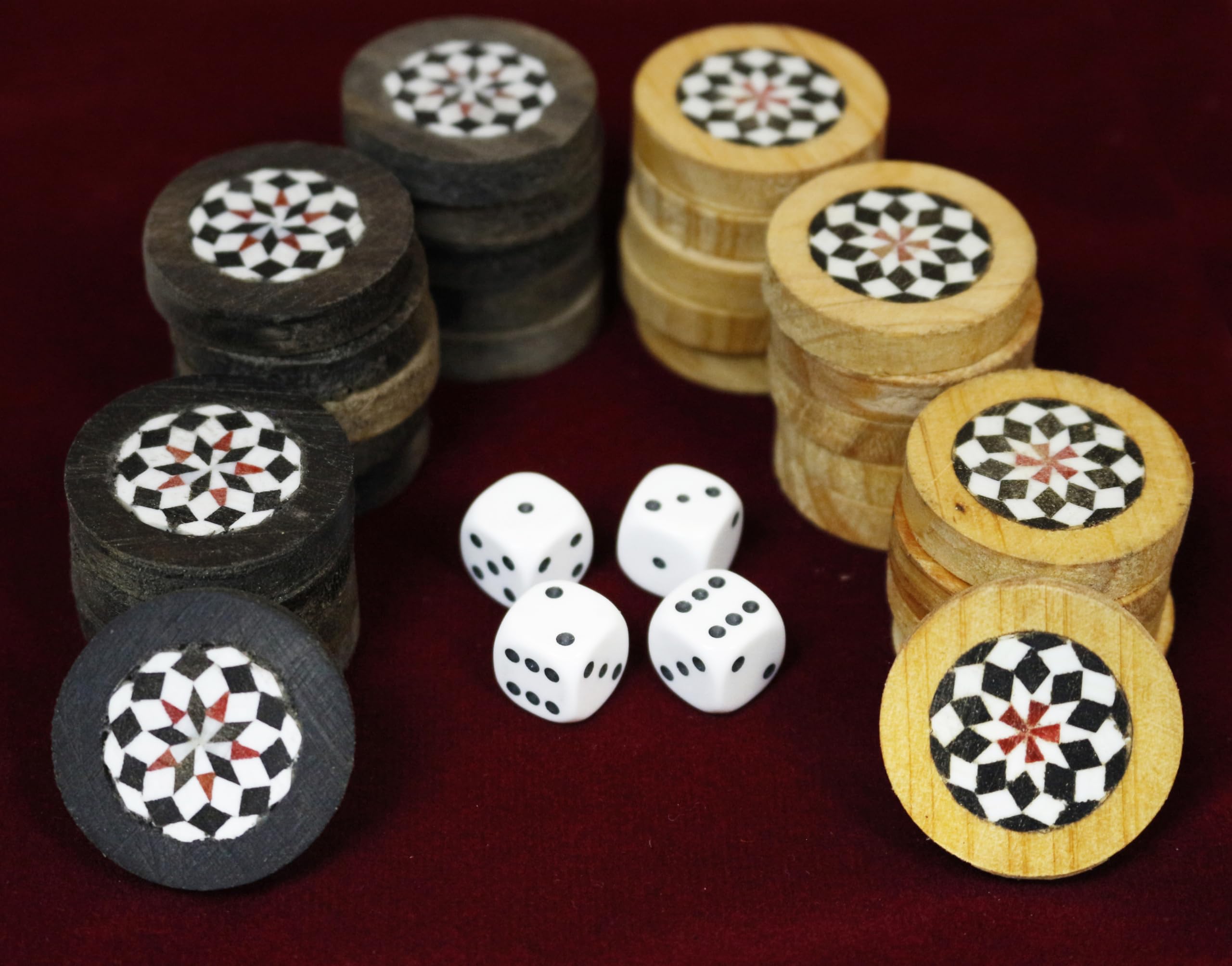 Backgammon DAMA - Pietre a mosaico in legno, realizzate a mano, 30 pezzi, con 4 pietre cubi (diametro 33 mm)