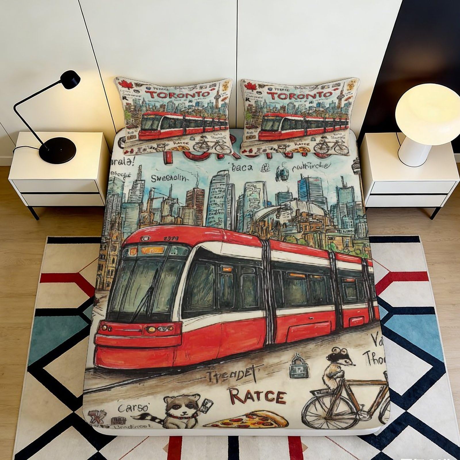 3D Printed Toronto Streetcar Fitted Sheet Microfiber Soft Breathable Urban Cityscape Bed Cover for Bedroom Dormitory Guest Room Mattress Protection Decor 200x200x25cm