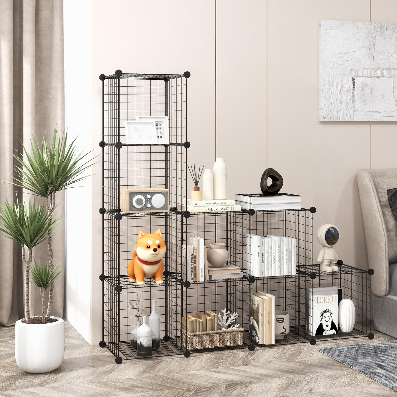 COSTWAY Étagère Cube en Grille Métallique, Armoire de Rangement Conception DIY à 12 Cubes, Modulaires Empilables, Grande capacité, Meuble de Rangement pour Chambre, Bureau, Garage, Noir