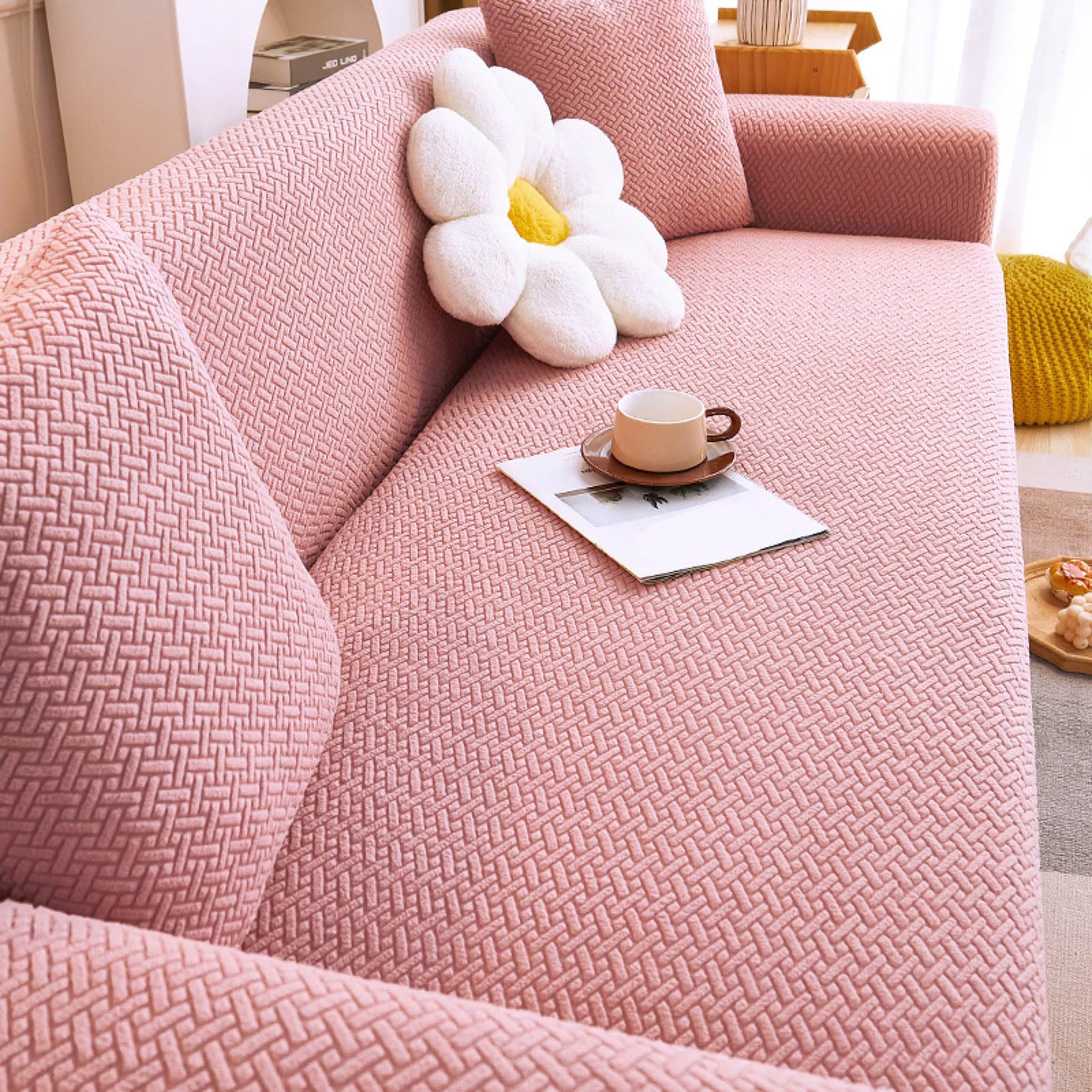 Nileco Stretch Sofa Slipcover, Universal Couch Cover Non Slip Soft Sofa Cover with Elastic Bottom, Dog Cat Pets Friendly Washable Furniture Protector for 3 Cushion Couch (S(1 Seater 90-140cm), Pink)