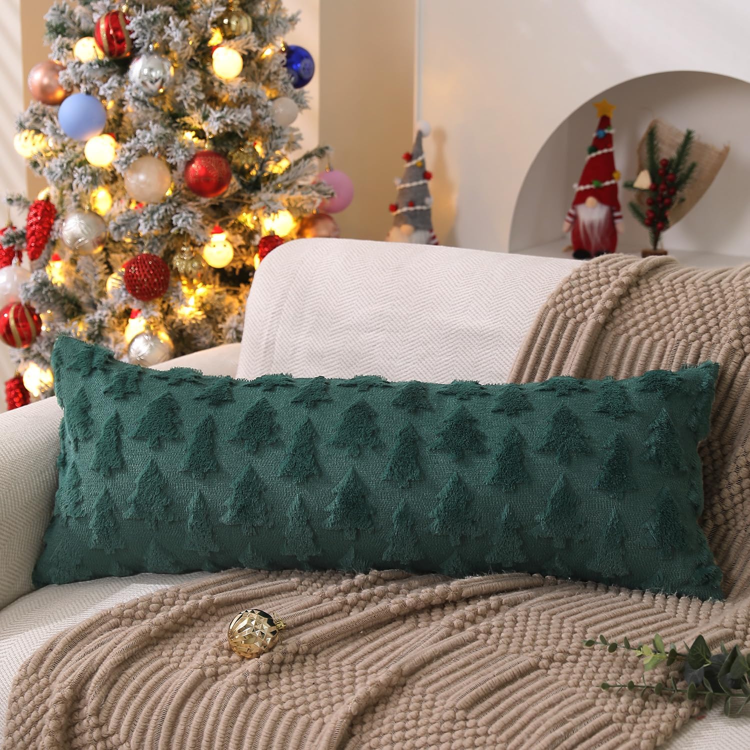 DFXSZ Christmas Tree Pillow Covers 14x36 inch Christmas Decoration Green Soft Plush Faux Fur Jacquard Throw Pillows for Bedroom Sofa Holiday Festivals Winter Home Decor PTK006A14