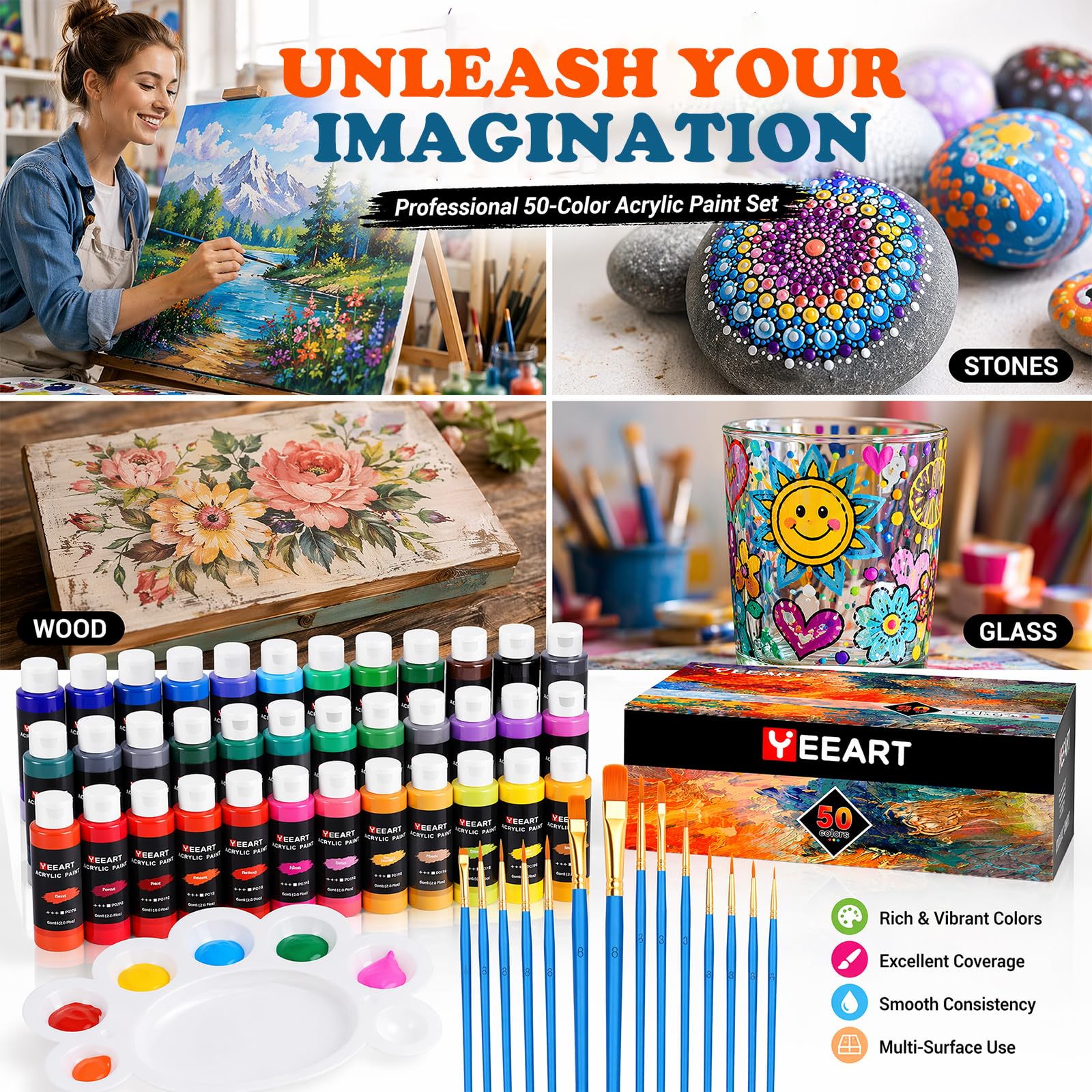 Juego de pinturas acrílicas, 50 colores × 60 ml, juego de pinturas acrílicas para adultos, 10 pinceles, no tóxico, resistente al agua, pigmentos ricos para adultos sobre piedras, lienzo, madera
