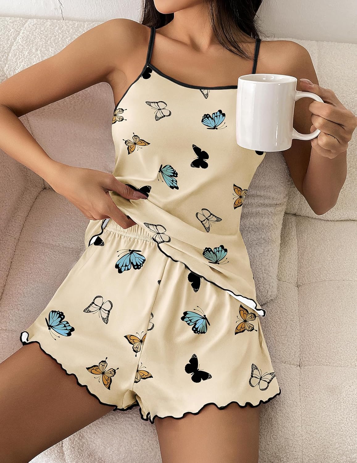 Ekouaer Womens Cami Pajama Sets 2 Piece Cute Print Pjs Soft Tank Top & Elastic Waist Shorts Camisole Lounge Set - Image 2