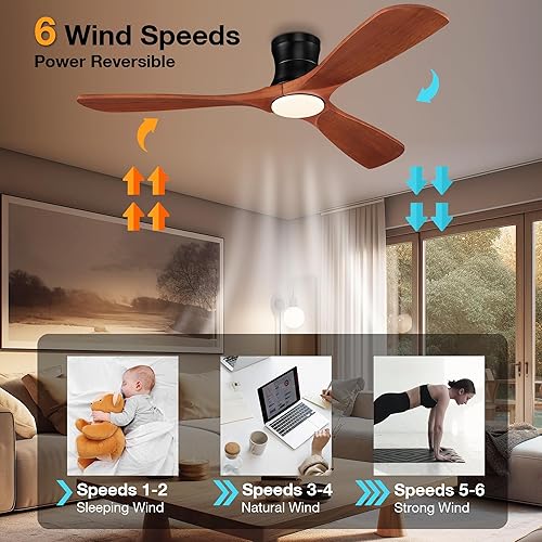 Miniatura 4 de Ventiladores de techo inteligentes de madera de bajo perfil de 52 pulgadas con luces remotas, motor de CC silencioso, ventilador de techo empotrado