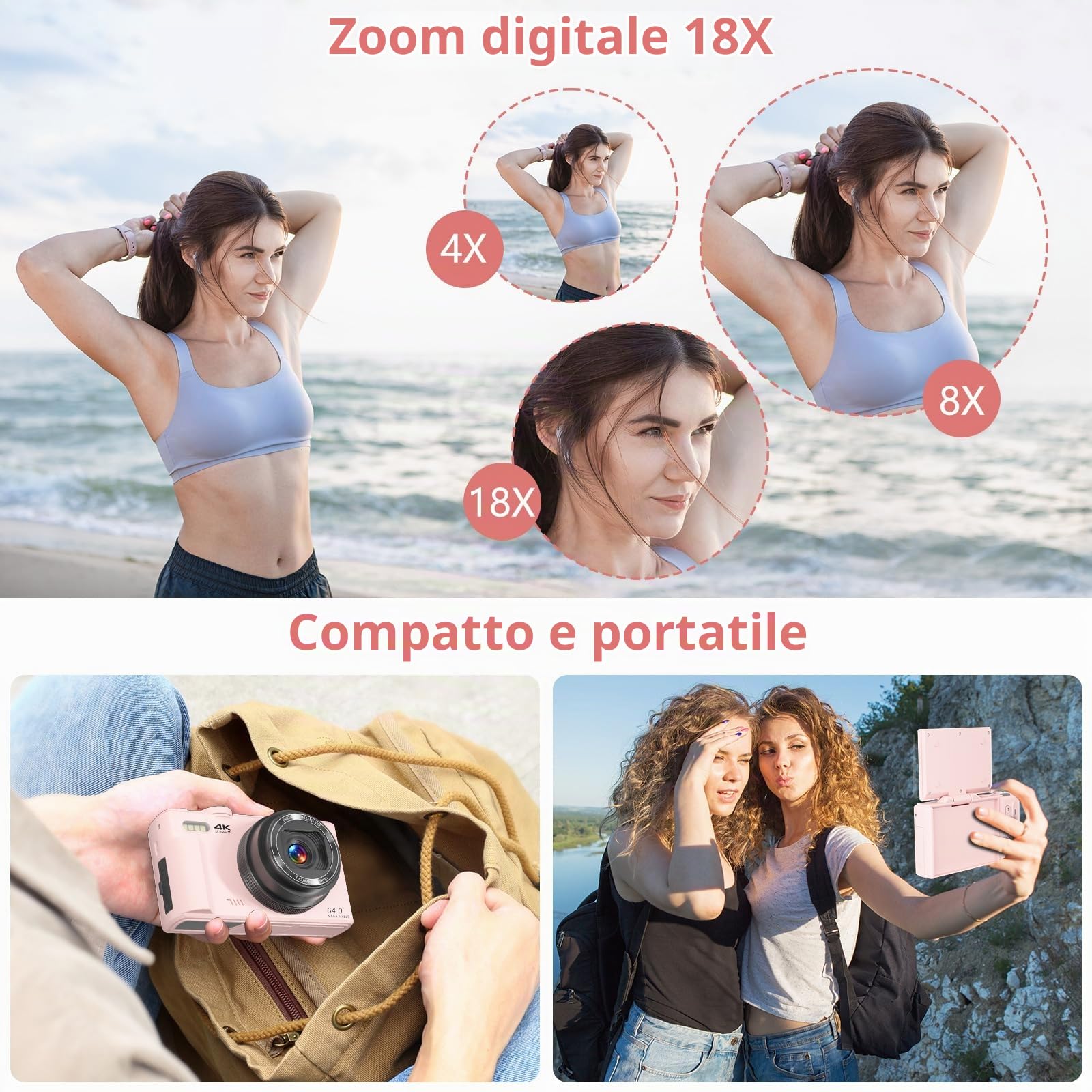 Fotocamera digitale 4K con Wi-Fi, 64 MP, fotocamere compatte da 3 pollici, 180 gradi, messa a fuoco automatica, ricaricabile, vlogging, fotocamera con WiFi