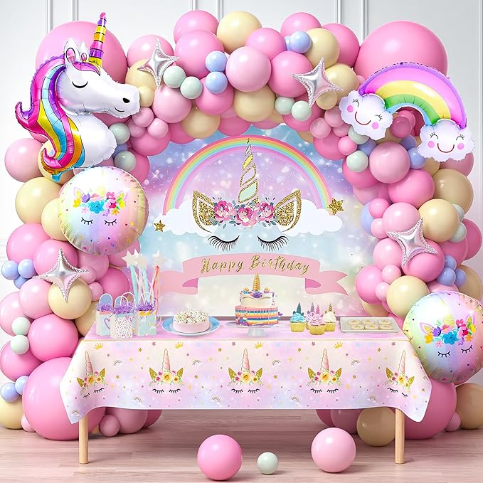 Amazon.com: Winrayk 142Pcs Pink Unicorn Party Decorations Birthday ...