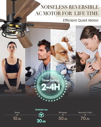Miniatura 5 de TENGXIN TXCF-BN001 - Ventilador de techo industrial de 52 pulgadas con luz y control remoto, ventilador de techo de níquel cepillado con 5 cuchillas