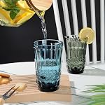 Joeyan Vintage Drinking Glasses Set of 4, 14oz Highball Glass Water Tumbler with Embossed Serpentine Pattern, Colored Tall Glassware Beverages Cups for Christmas Wedding Party Banquet, Blue