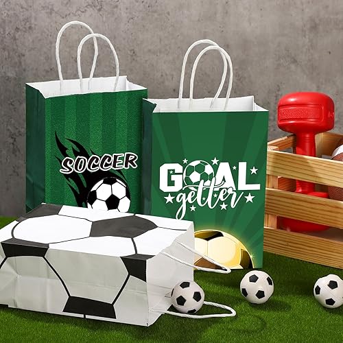 Miniatura 3 de Outus 24 bolsas de papel de regalo de fiesta de fútbol, bolsas de papel de regalo de fútbol con asas, bolsa de dulces para deportes, fiesta de