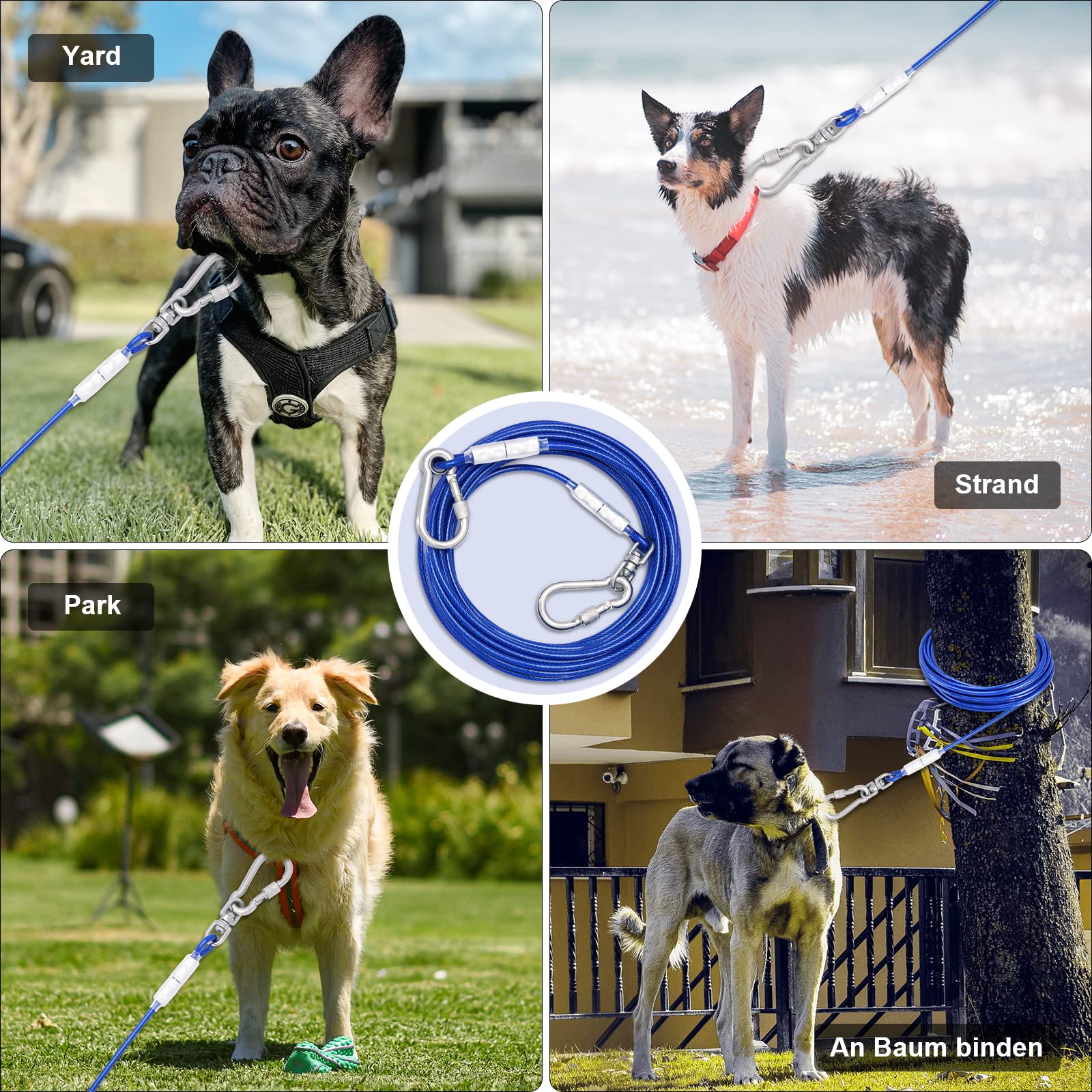Tie-Out guinzaglio per cani, 3/6/9/15 m, per il cortile, guinzaglio per cani (blu, 9 m