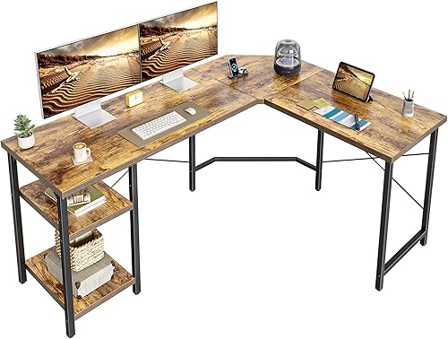 CubiCubi Escritorio en forma de L, escritorio esquinero reversible de 59.1 pulgadas con estantes de almacenamiento, escritorio de oficina en casa