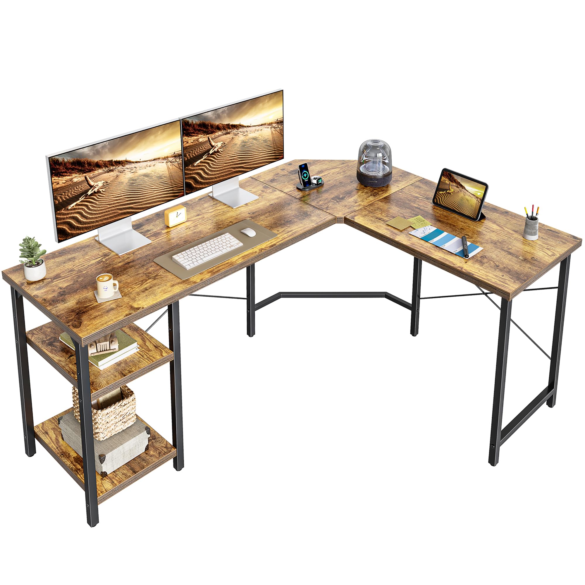 CubiCubi L Shaped Desk, 59.1 Inch Reversible Corner Desk with Storage Shelves, Home Office Desk for Writing Gaming Study, Rustic Brown