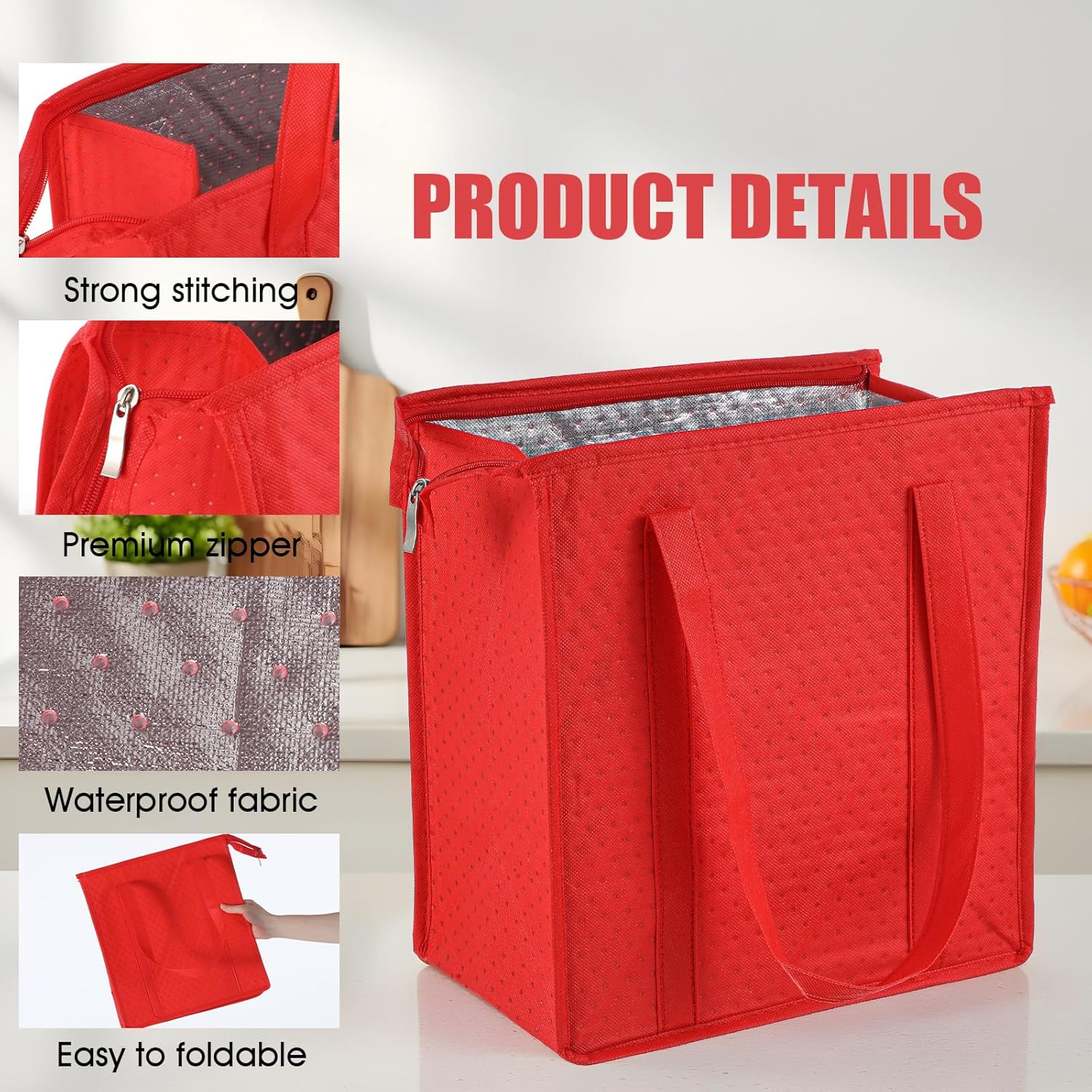 6 Pcs Insulated Grocery Bags Insulated Shopping Bag Small Red Large Reusable Insulat Cooler Bag with Zipper Top Shopping Totes for Hot or Cold Food - Image 3