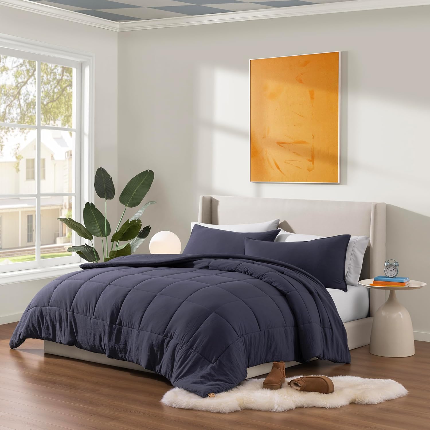 ugg king size comforter set with 2 pillow shams lightweight down alternative comforter king size blanket reversible cozy warm all season washable hypoallergenic bedding set, navy blue (leonora) blue king