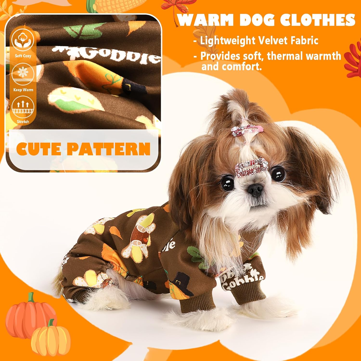 Dog Thanksgiving Pajamas, Turkey Pumpkin Pjs Pet Outfit Clothes Costume, Fall Winter for Small Dogs Boy Girl, Cat Apparel, Brown, S