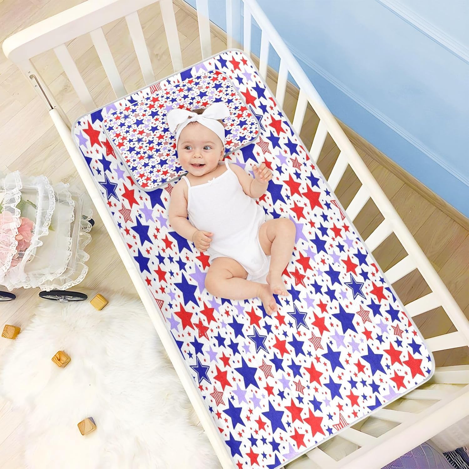 Cooling Baby Fitted Mattress 28" x 52" Ultra Soft Vintage Stars Red Blue USA Pads for beds for Kids, Adult