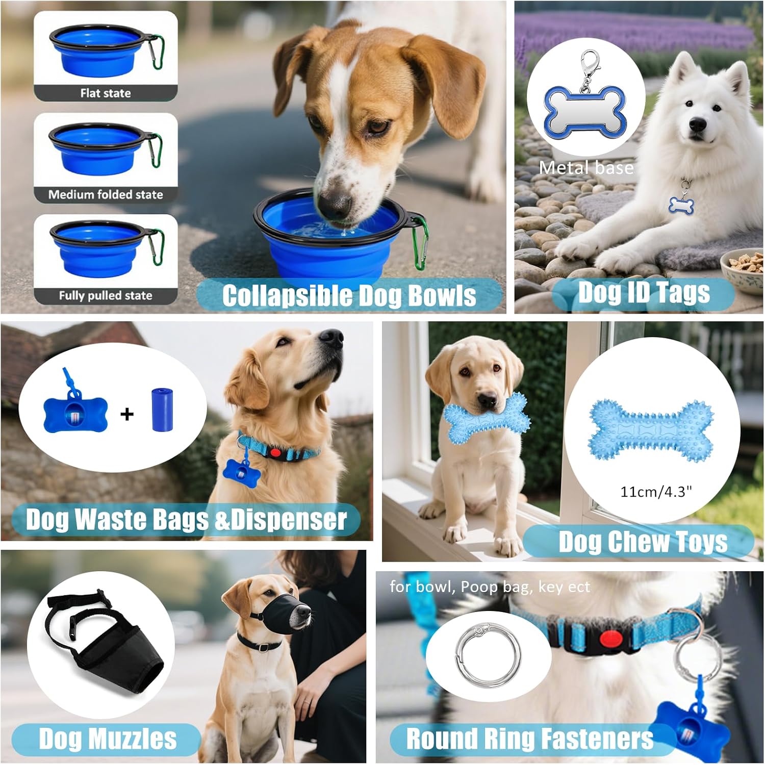 No Pull Dog Harness Adjustable Collar & Leash Set - Dog Halter Harnesses Collapsible Bowls & Poop Bag Dispenser Muzzle ID Tags Toys Fits Small Medium Large Dogs (Blue-M)