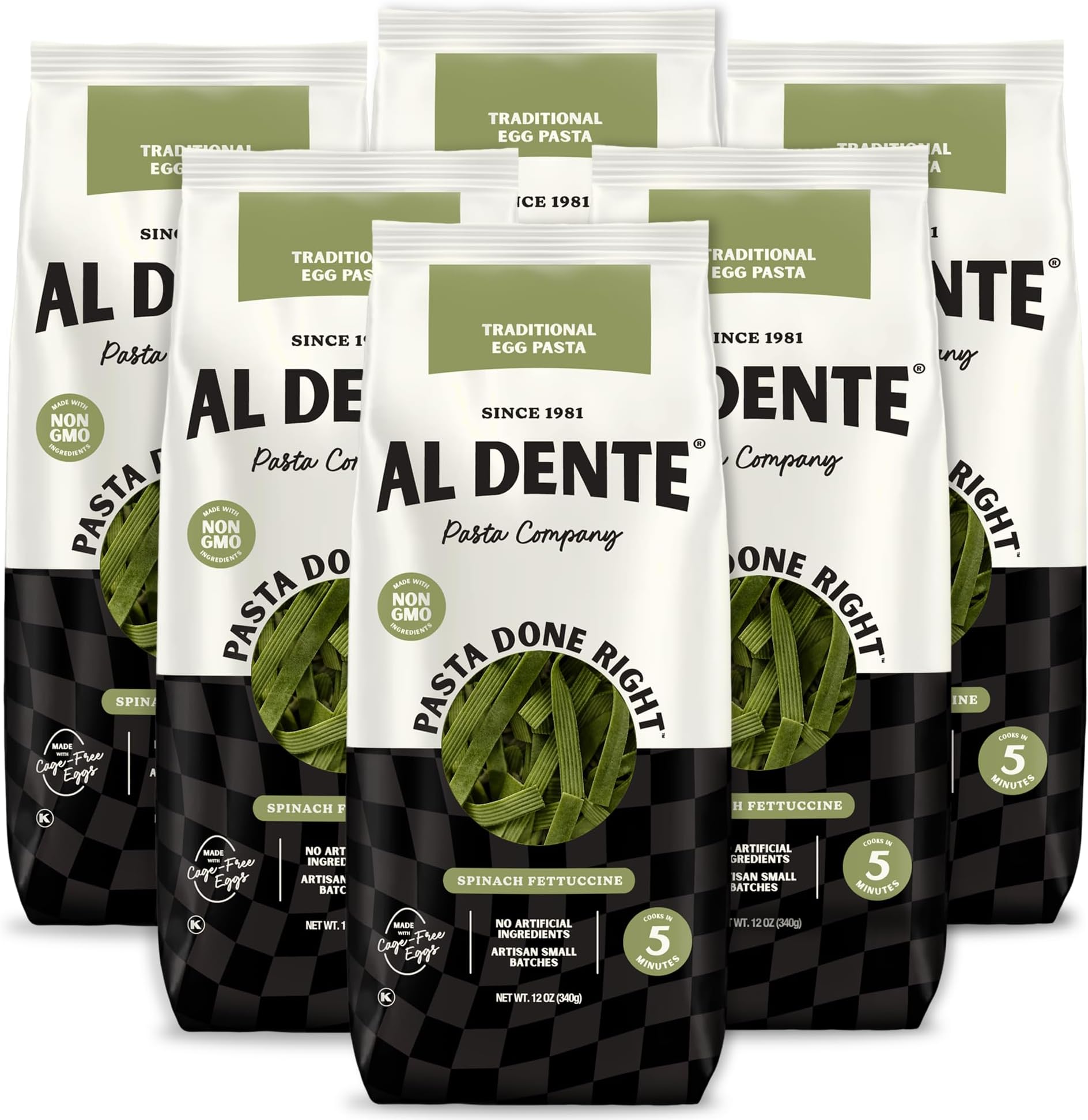Spinach Fettuccine – All-Natural, Hand-Crafted Egg Pasta. Traditional Pasta Noodles Made with Cage-Free Eggs and Semolina. (Packaging May Vary) - 12oz Bags (Pack of 6)