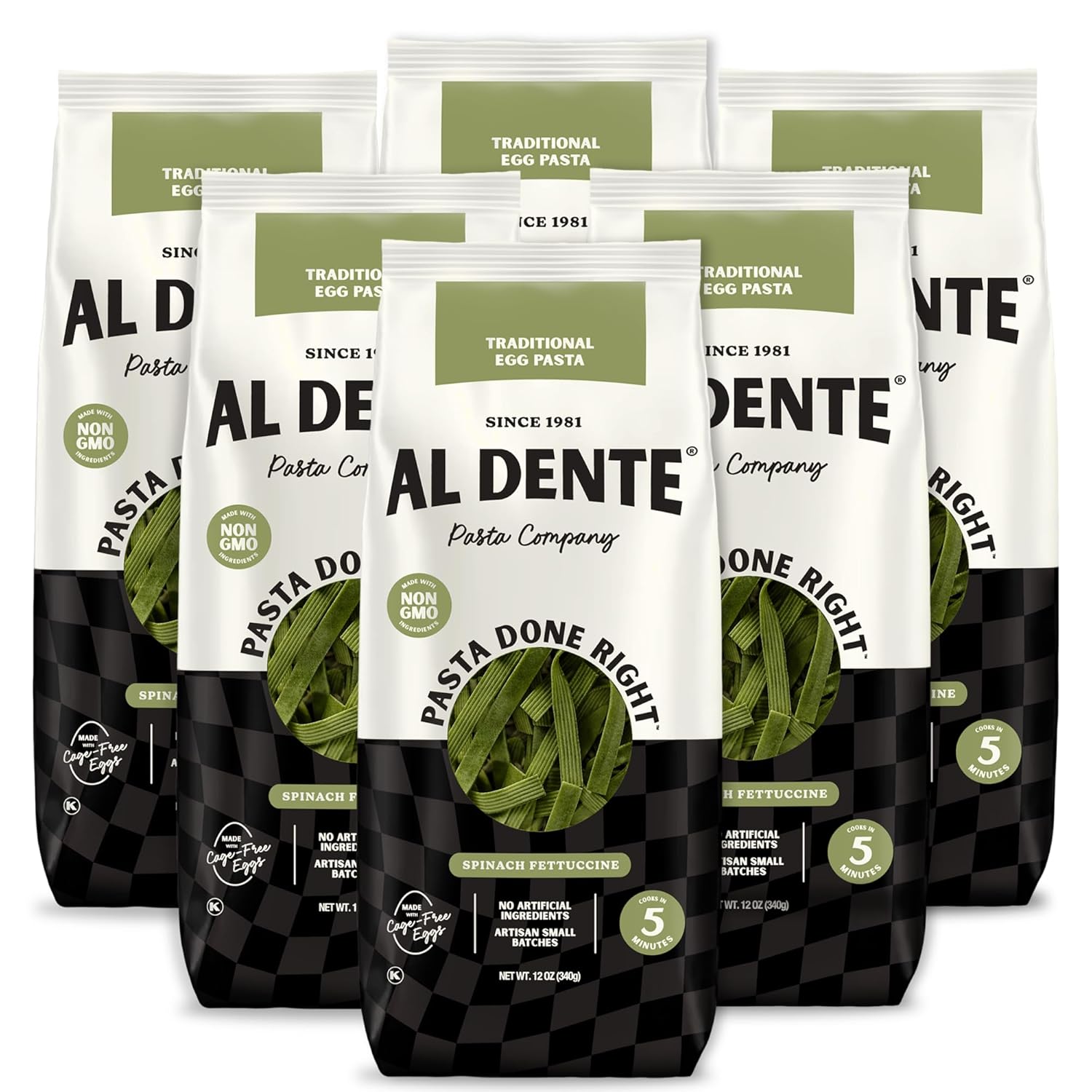 Al Dente Spinach Fettuccine – All-Natural, Hand-Crafted Egg Pasta. Traditional Pasta Noodles Made with Cage-Free Eggs, Semolina, and Spinach. Great for Pastas Soups Stews, 12oz Bags (Pack of 6)