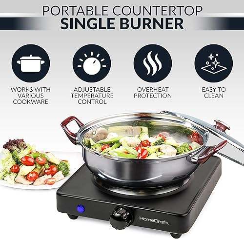 Miniatura 2 de HomeCraft HCSB75BK - Placa eléctrica portátil de un solo quemador para encimera, 750 vatios, control de temperatura ajustable, color negro