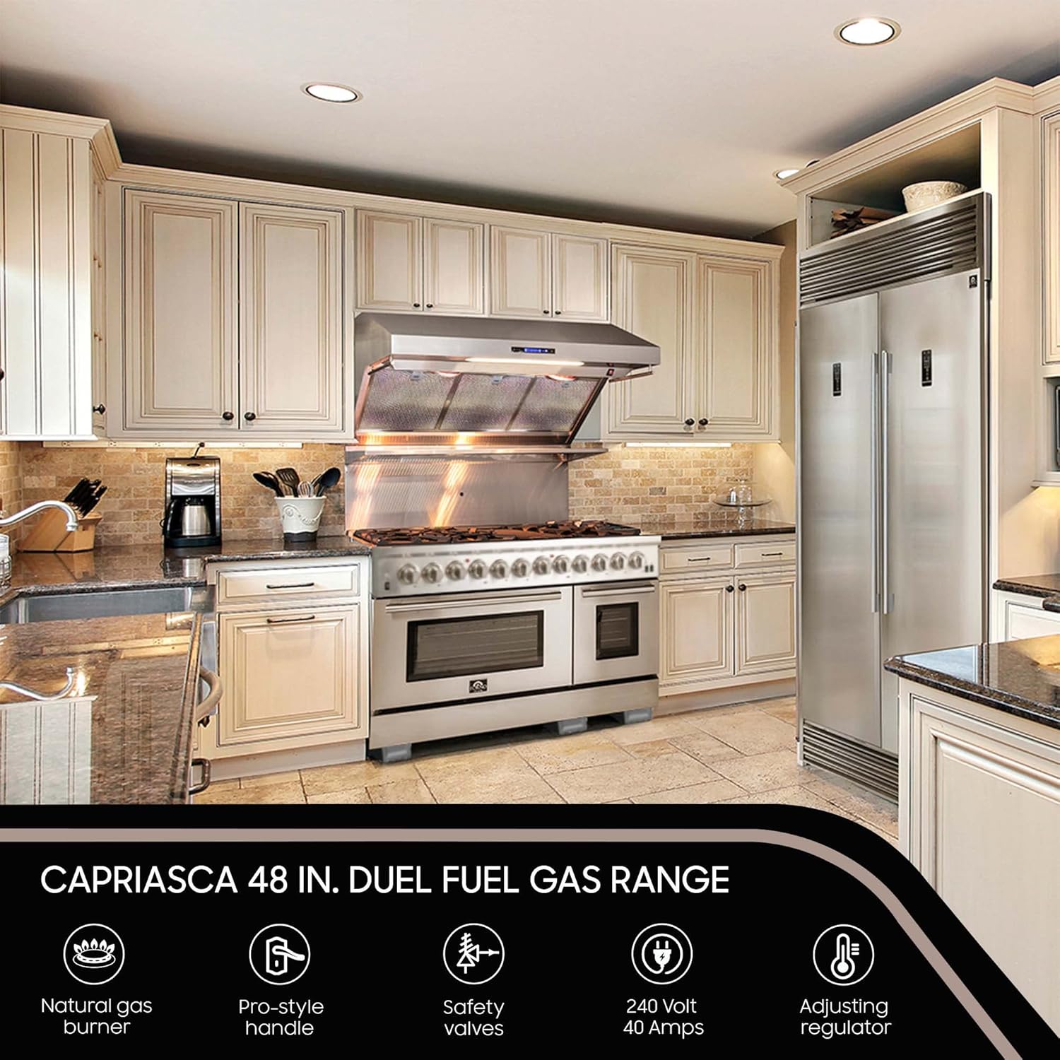 FORNO Capriasca Dual Fuel 48" Inch. Freestanding Range 8 Sealed Brass Burners Cooktop - 6.58 Cu. Ft. Double Convection Electric Oven - Stainless Steel Stove Range Heavy Duty Cast Iron Grates