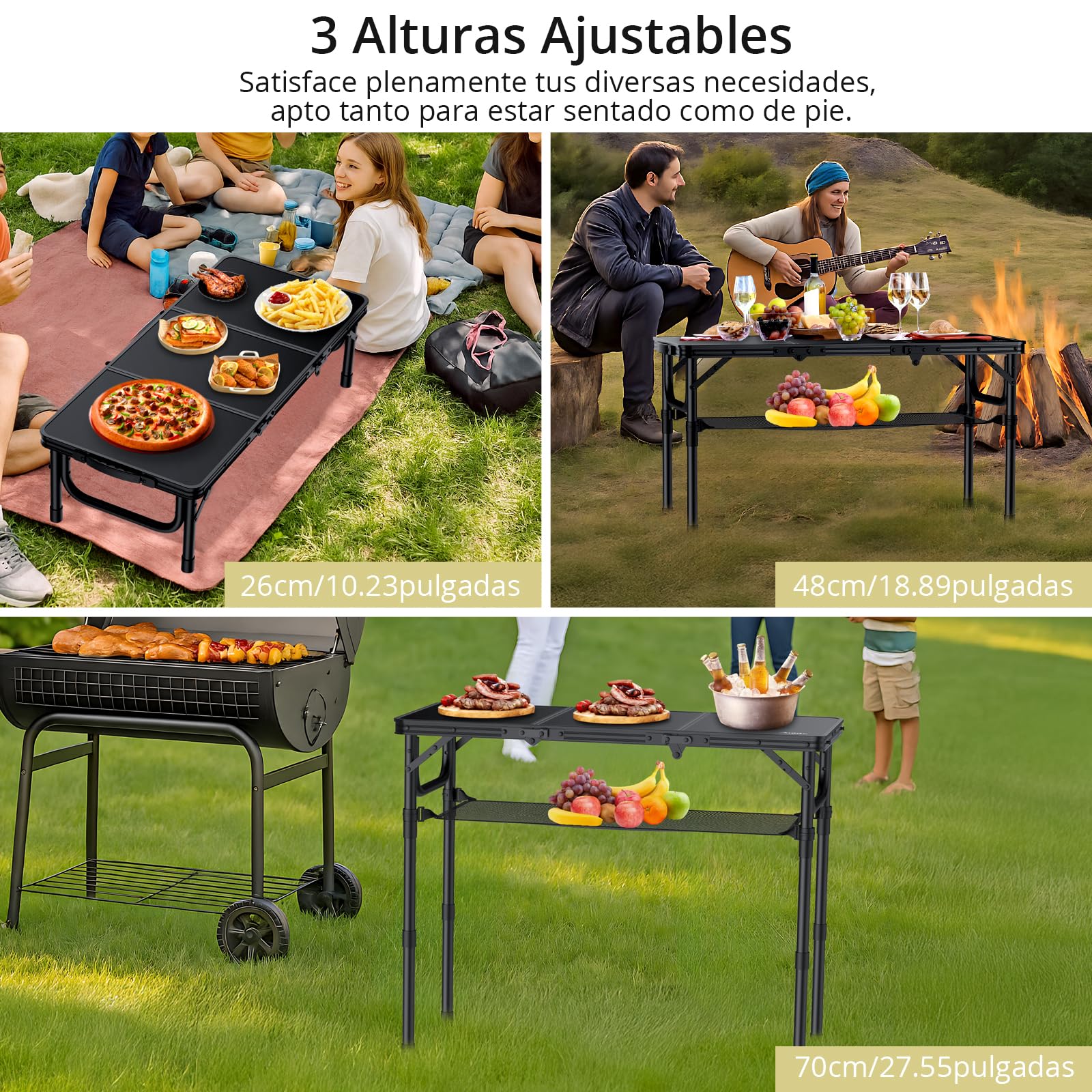 Anbte Mesa Plegable Camping 90 x 40 x 26-48-70cm con Ajustable Altura Aluminio Impermeable Mesa Playa Portátil, Soporta 30 kg,con Bolsa de Almacenamiento para Barbacoa, Playa, Jardín, Picnic Negro