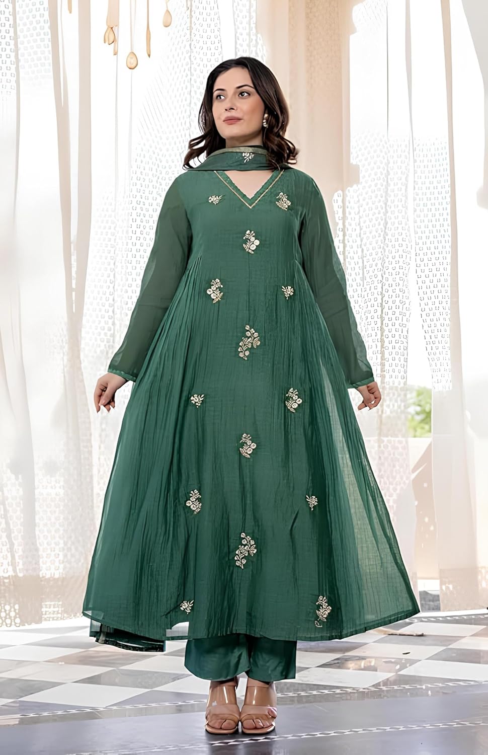 Women Embroidery Solid Anarkali Kurta and Pant Set with Dupatta - Indian Ethnic Traditional Wear Anarkali Kurta Set