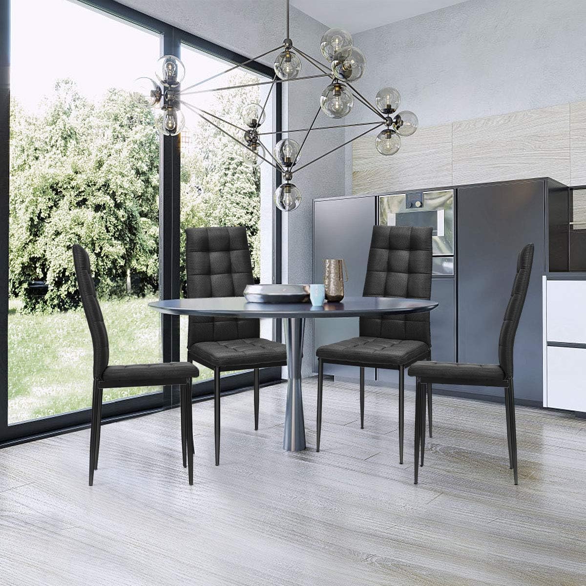 Giantex Set of 4 Fabric Dining Chairs Set, with Upholstered Cushion & High Back, Powder Coated Metal Legs, Checked Pattern Seats, Household Home Kitchen Living Room Bedroom (Black)