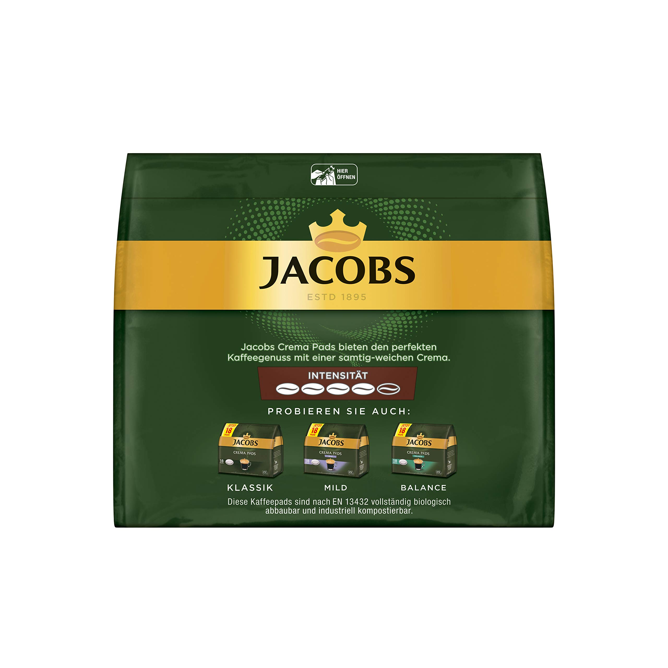 Jacobs Zestaw 5 opakowań po 18 kapsułek do kawy Crema o dużej mocy, kompatybilne z Senseo