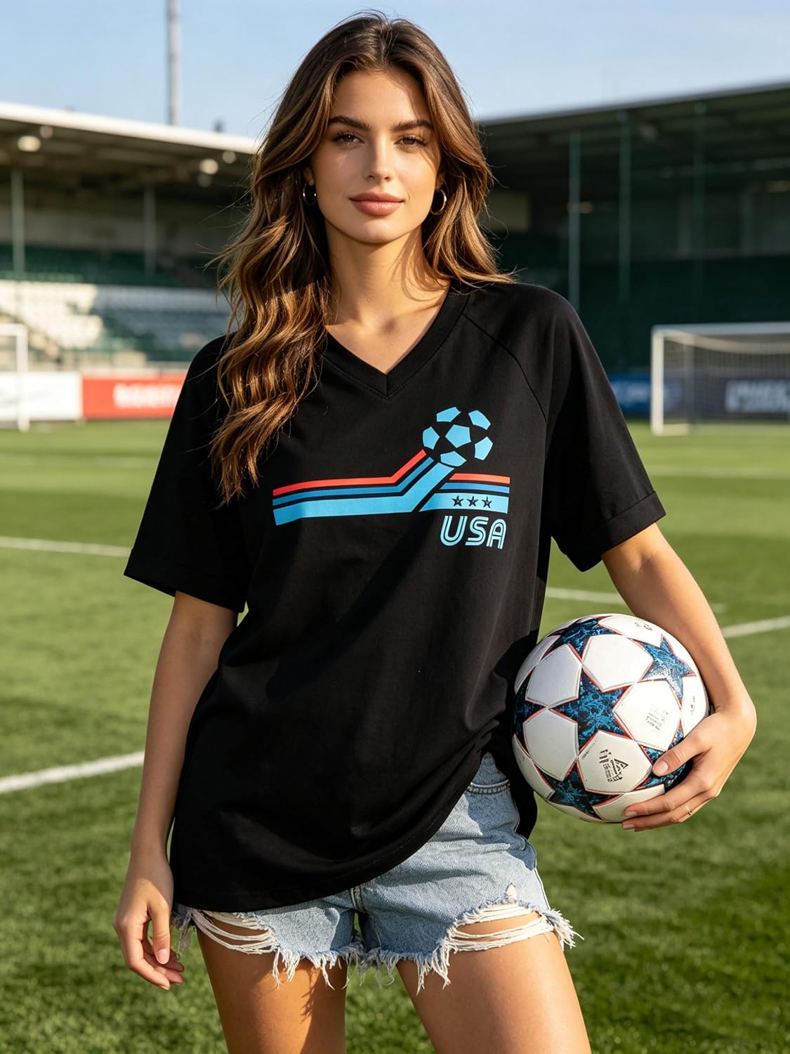 HEBBE USA Soccer Jersey Women Oversized USA Soccer Shirt V-Neck Sport Shirt image 3
