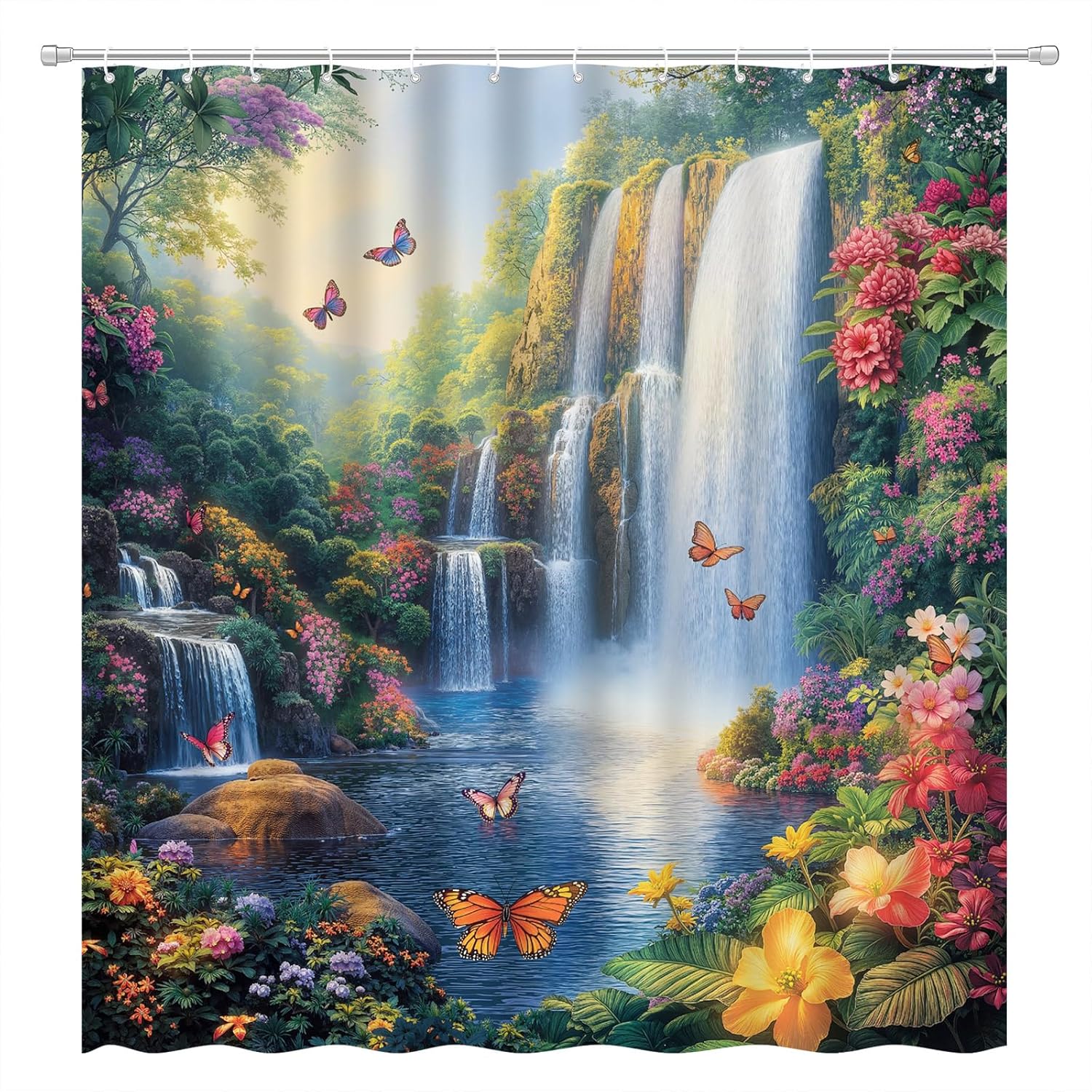 Waterfall Shower Curtain Fantasy Forest Floral Butterfly Tropical Nature Jungle Lake Spring Garden Fairy Landscape Bathroom Decor Set with Hooks