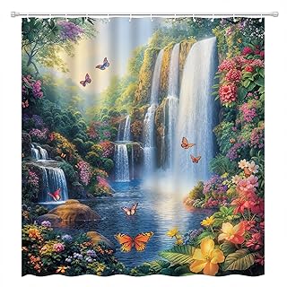Waterfall Shower Curtain Rustic Floral Butterfly Fantasy Forest Tropical Green Plant Lake Fairytale Spring Garden Nature Landscape Bathroom Decor Set with Hooks