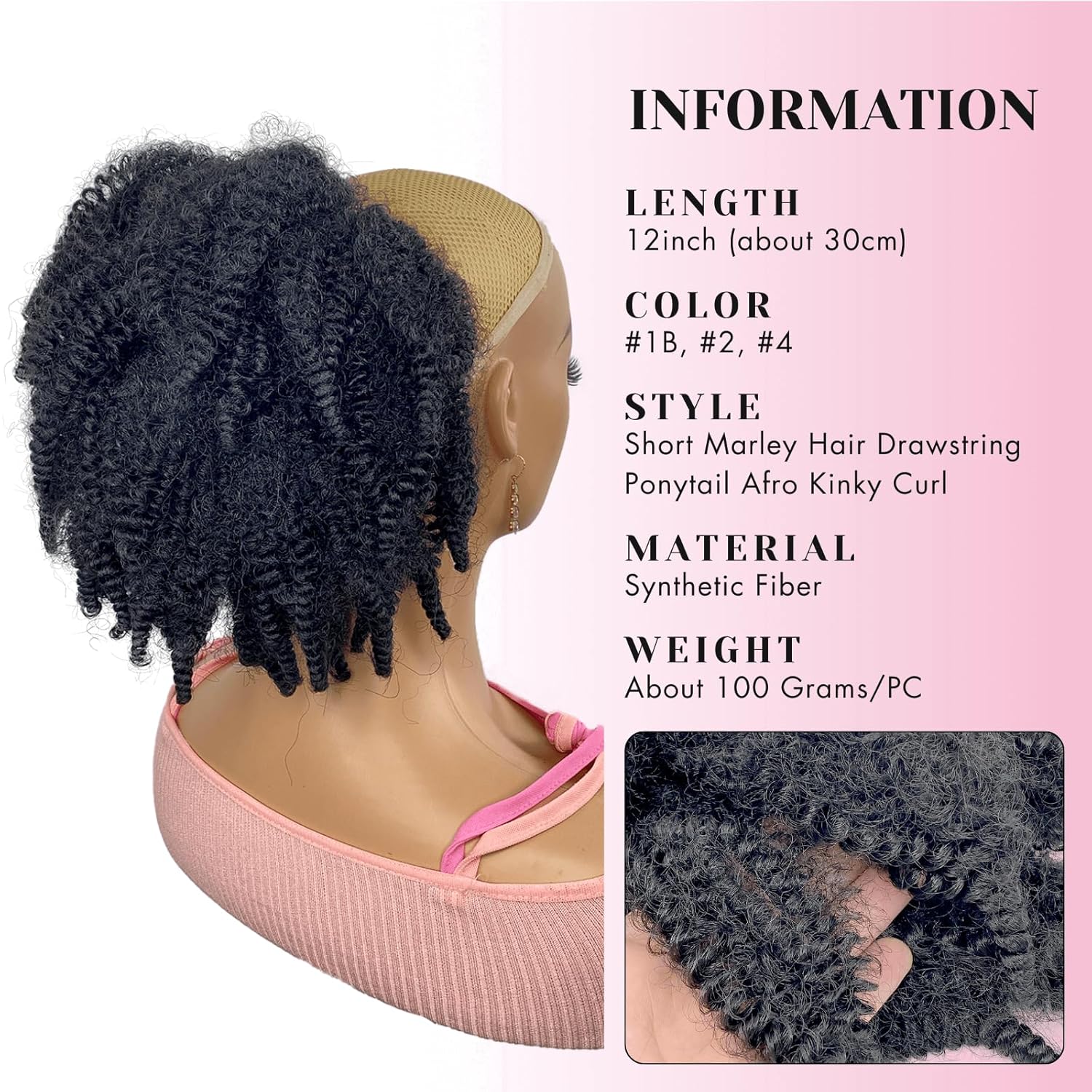 Short Marley Hair Drawstring Ponytail Black 4C Afro Puff Bun Braiding Ponytail Hair with Clips Synthetic Afro Kinky Curl Pony Tail Hairpiece for Black Women - Natural Black 12