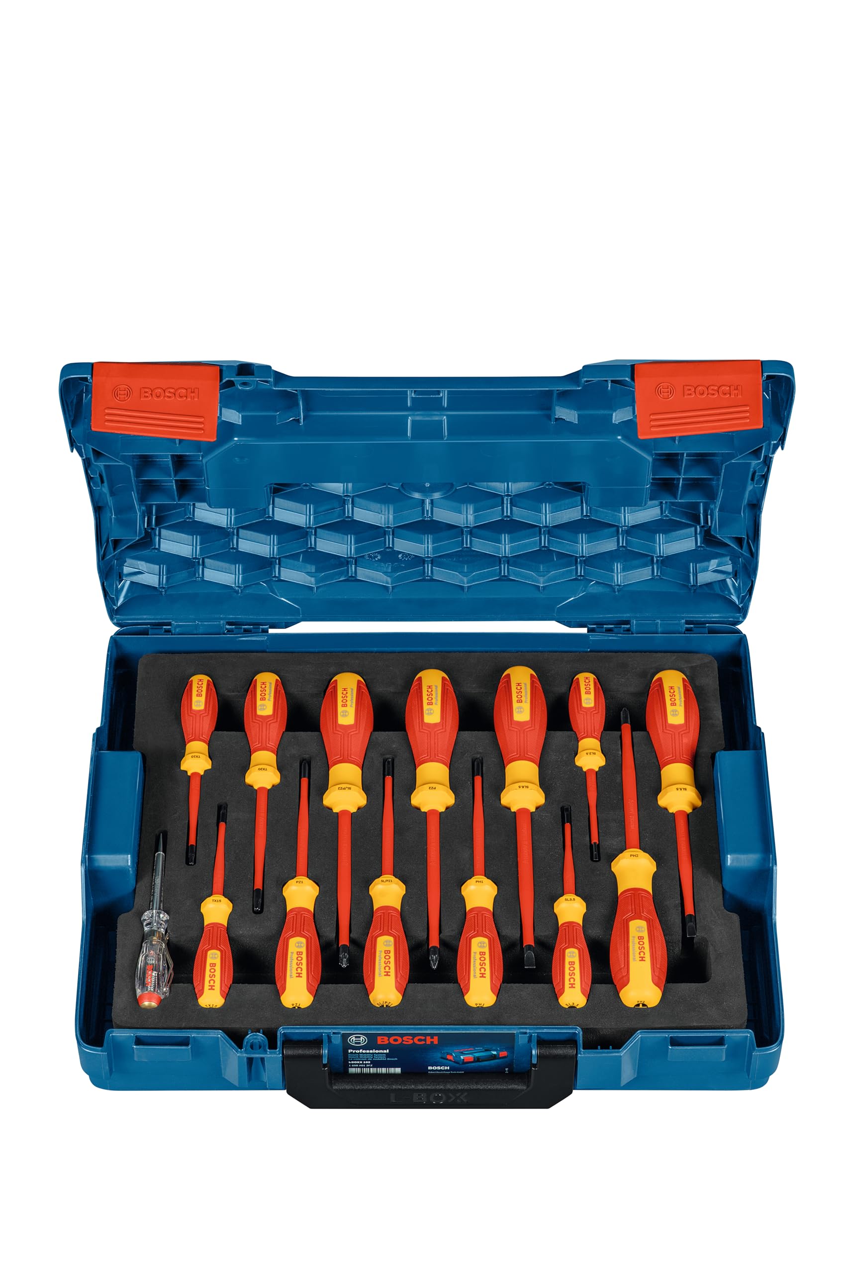 Bosch Professional Set de tournevis mixtes VDE (avec testeur de phase unipolaire – 14 pièces, dans une L-BOXX)