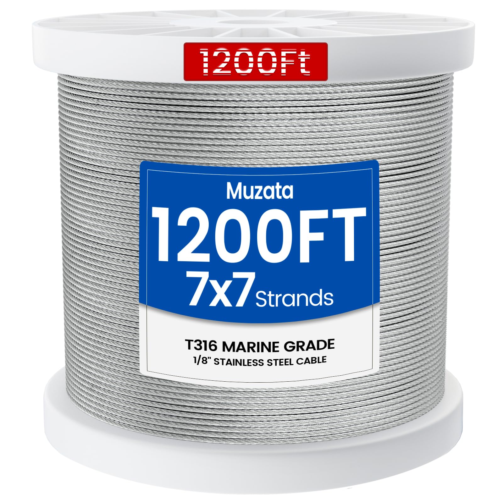 Muzata 1200 ft 1/8" Stainless Steel Cable Railing System Hardware T316 Stainless Steel Wire Rope 7x7 Strands 1800 lb Breaking Strength Deck Cable Railing Kit for Indoor Outdoor Coastal WR02