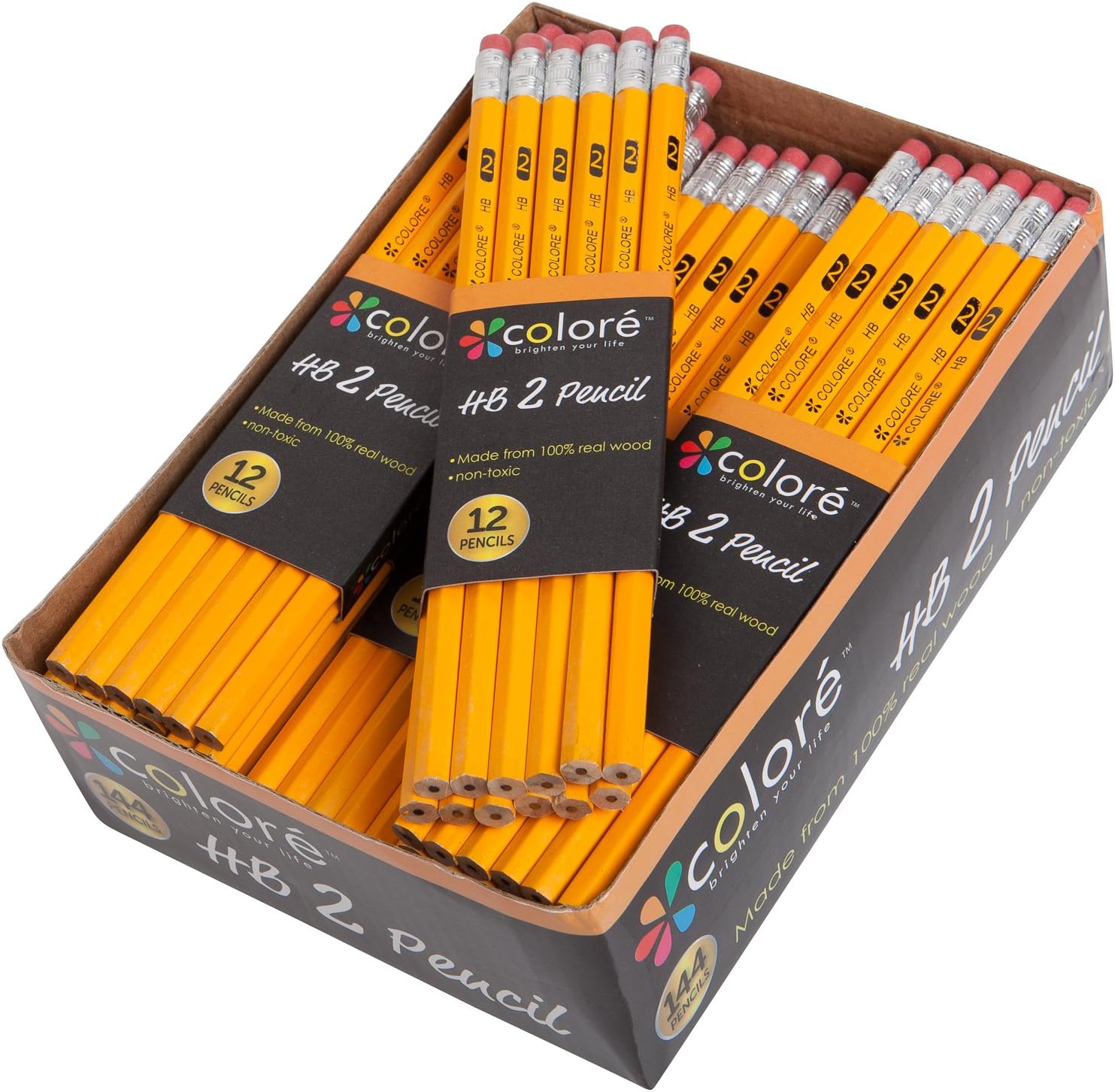 Colore #2 Pencils with Eraser Tops - High Quality HB Graphite/No 2 Yellow Wood Pencil Great School Art Supplies for Writing, Drawing & Sketching with Rubber - Suitable for Kids & Adults - 144 Count