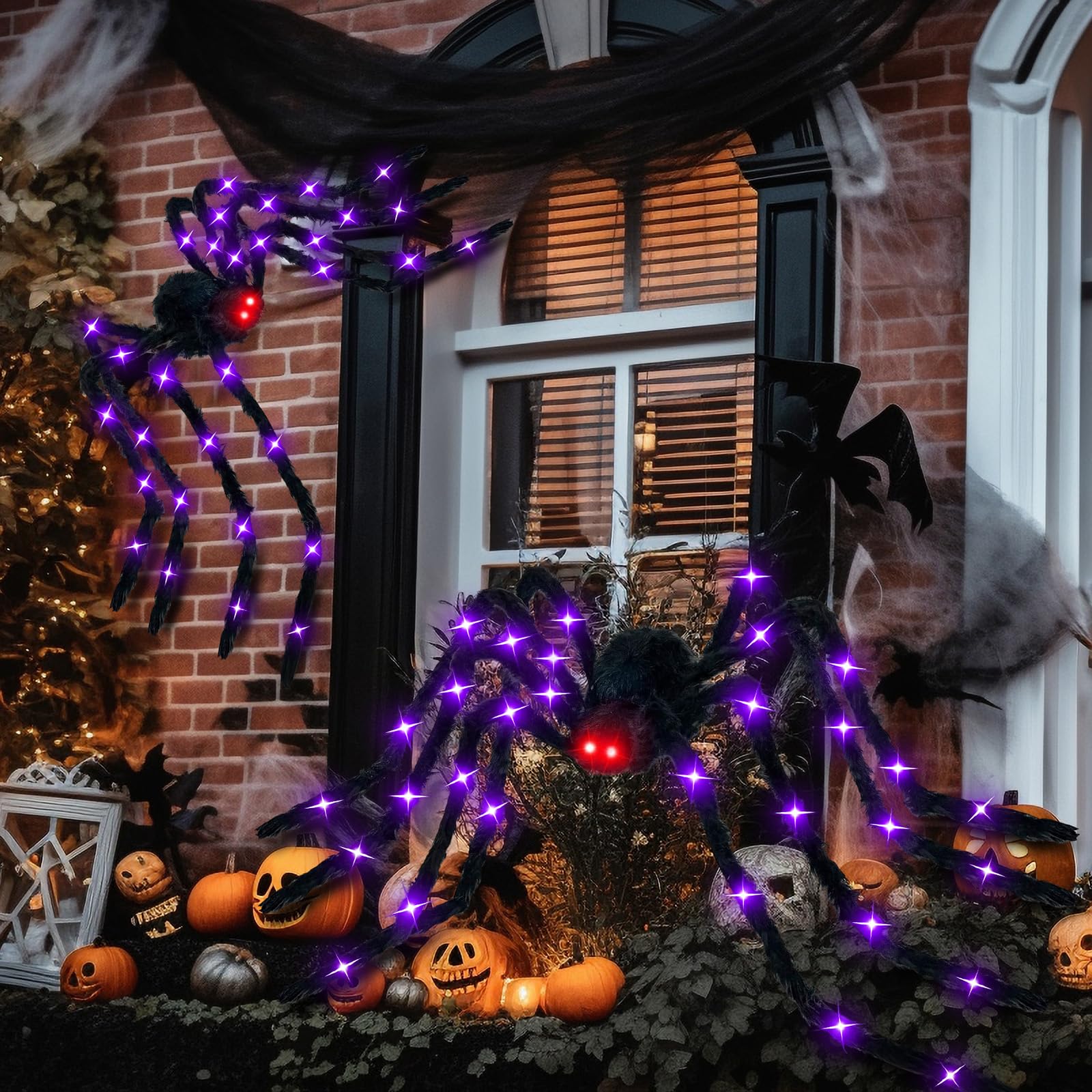 Vinsot Paquete de 2 arañas gigantes grandes de Halloween de 6.6 pies para decoración al aire libre, accesorios de araña negra iluminados para Halloween, interiores y exteriores, decoración